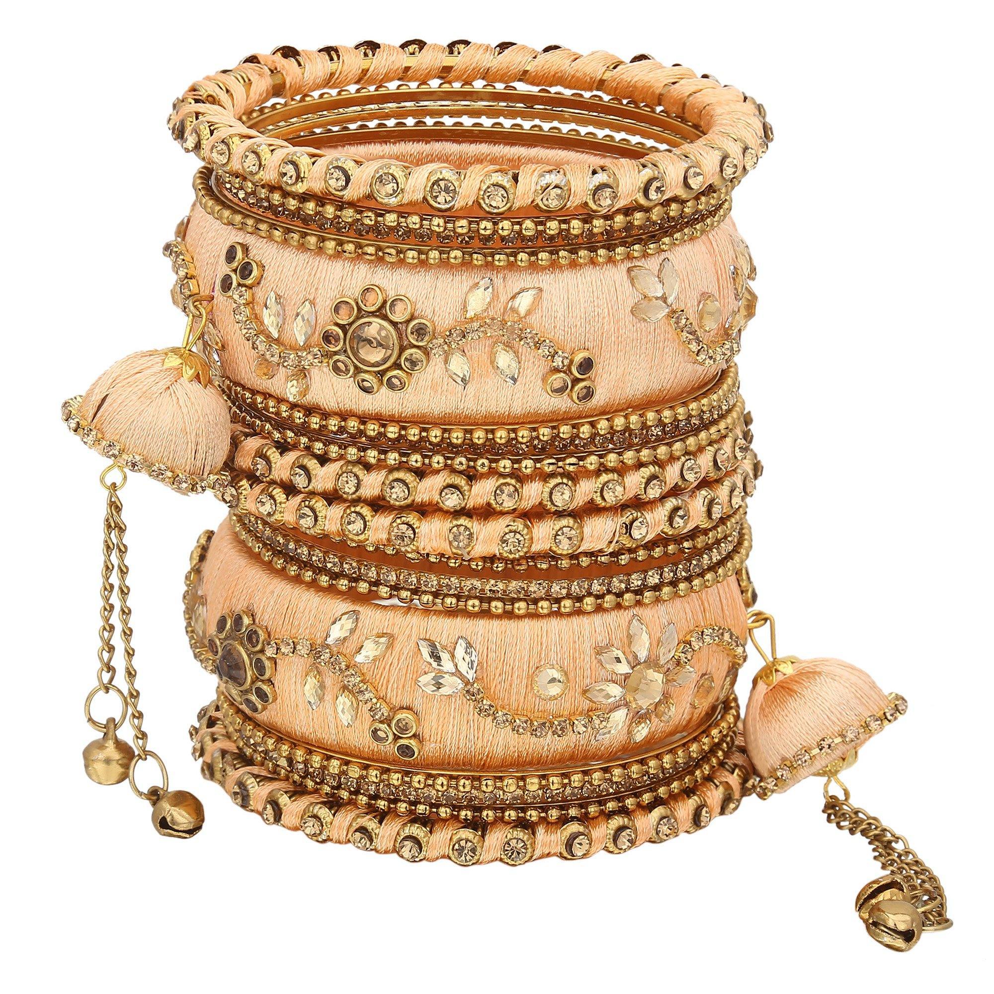 Sukriti Party wear Silk Thread Tassel Latkan Peach Bangles Jewelry for Girls & Women – Set of 18