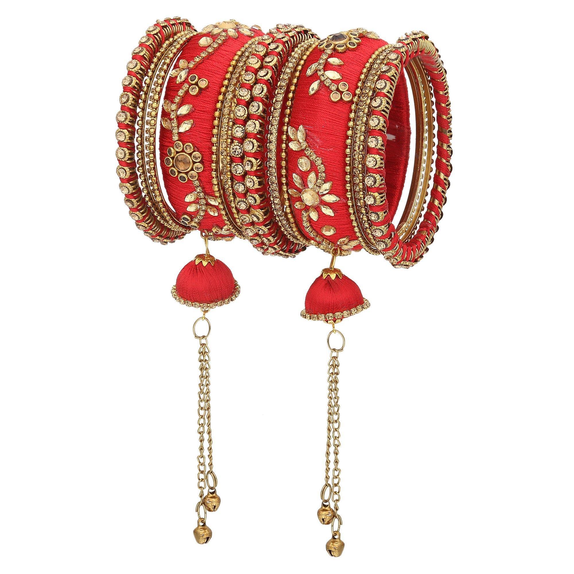 Sukriti Party wear Silk Thread Tassel Latkan Red Bangles Jewelry for Girls & Women – Set of 18