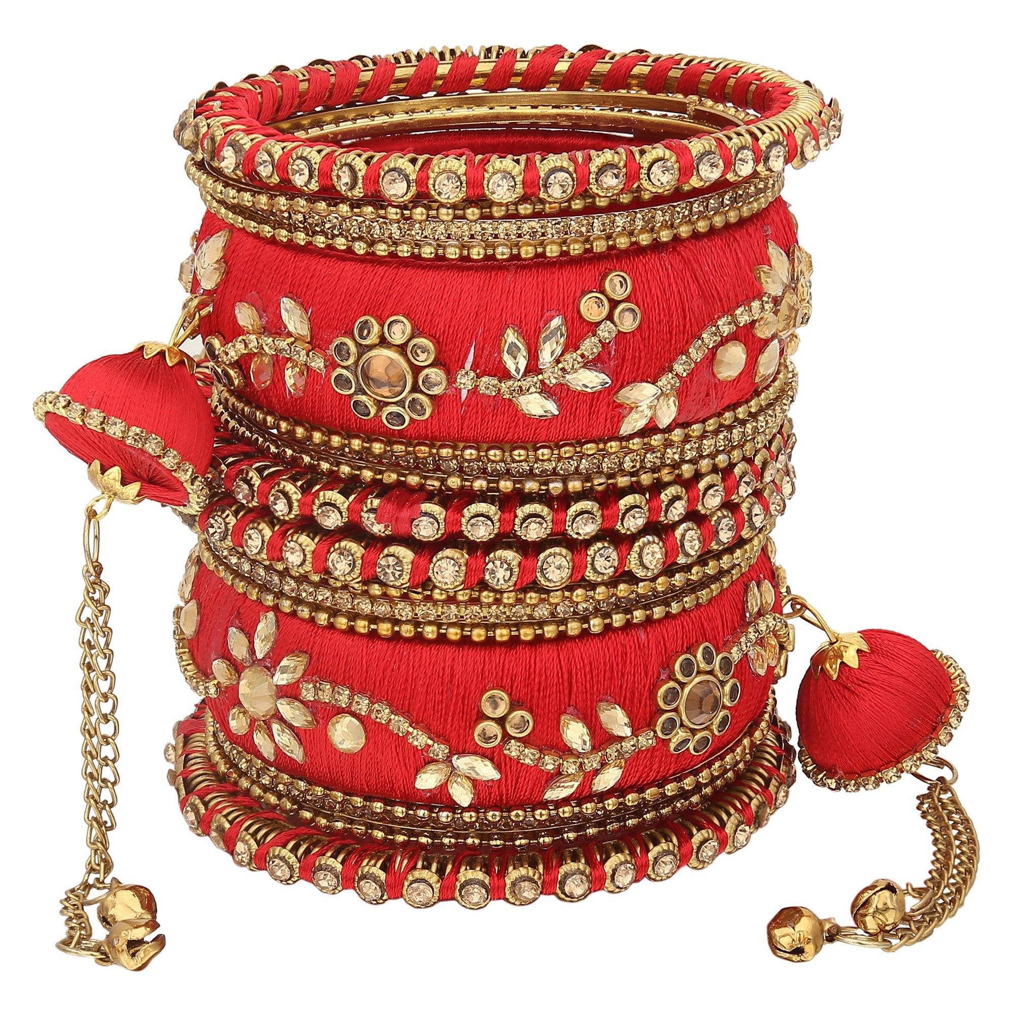 Sukriti Party wear Silk Thread Tassel Latkan Red Bangles Jewelry for Girls & Women – Set of 18