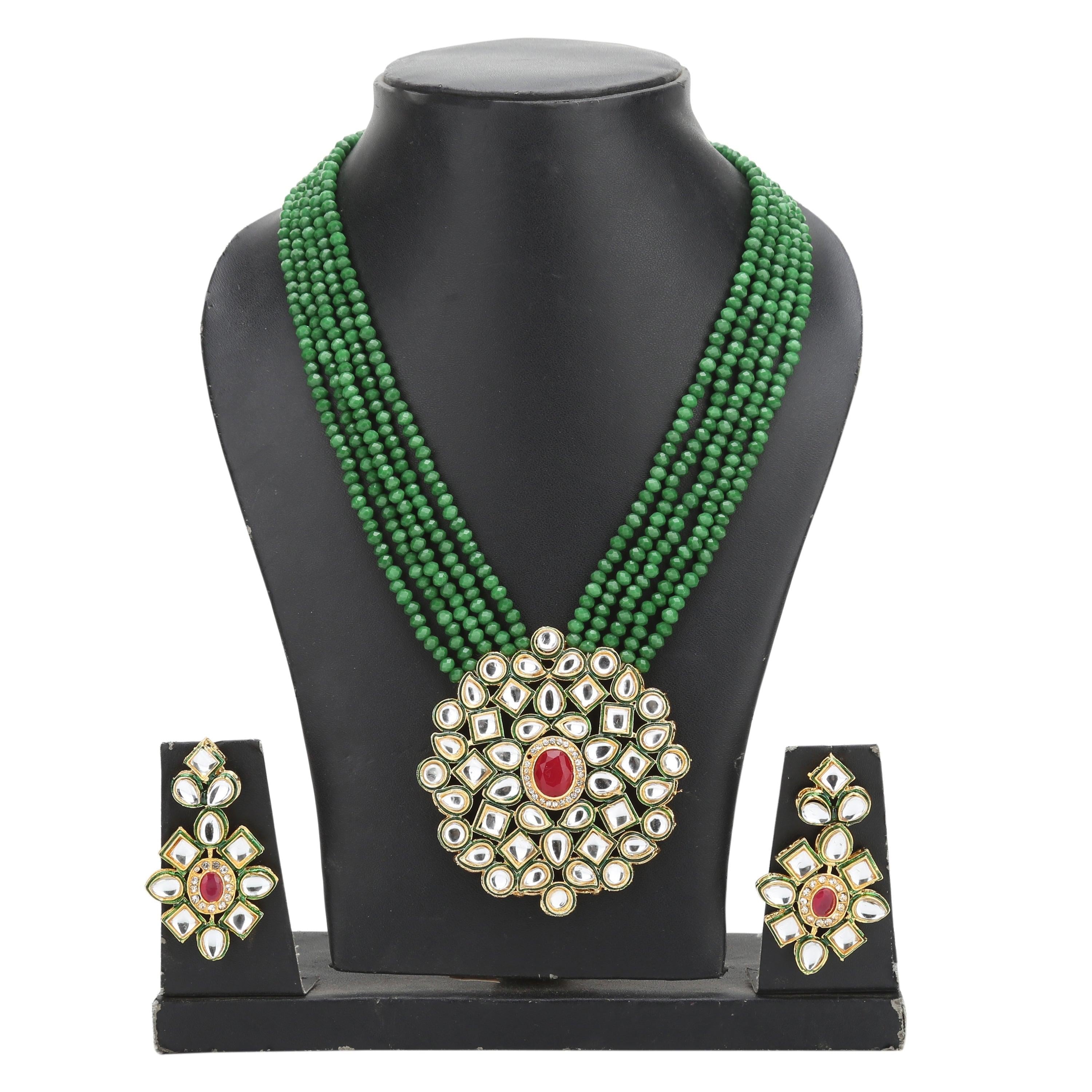 Sukriti Partywear 5 layered Green Crystal Beads Polki Kundan Earring Pendant Set Jewellery for Girls & Women