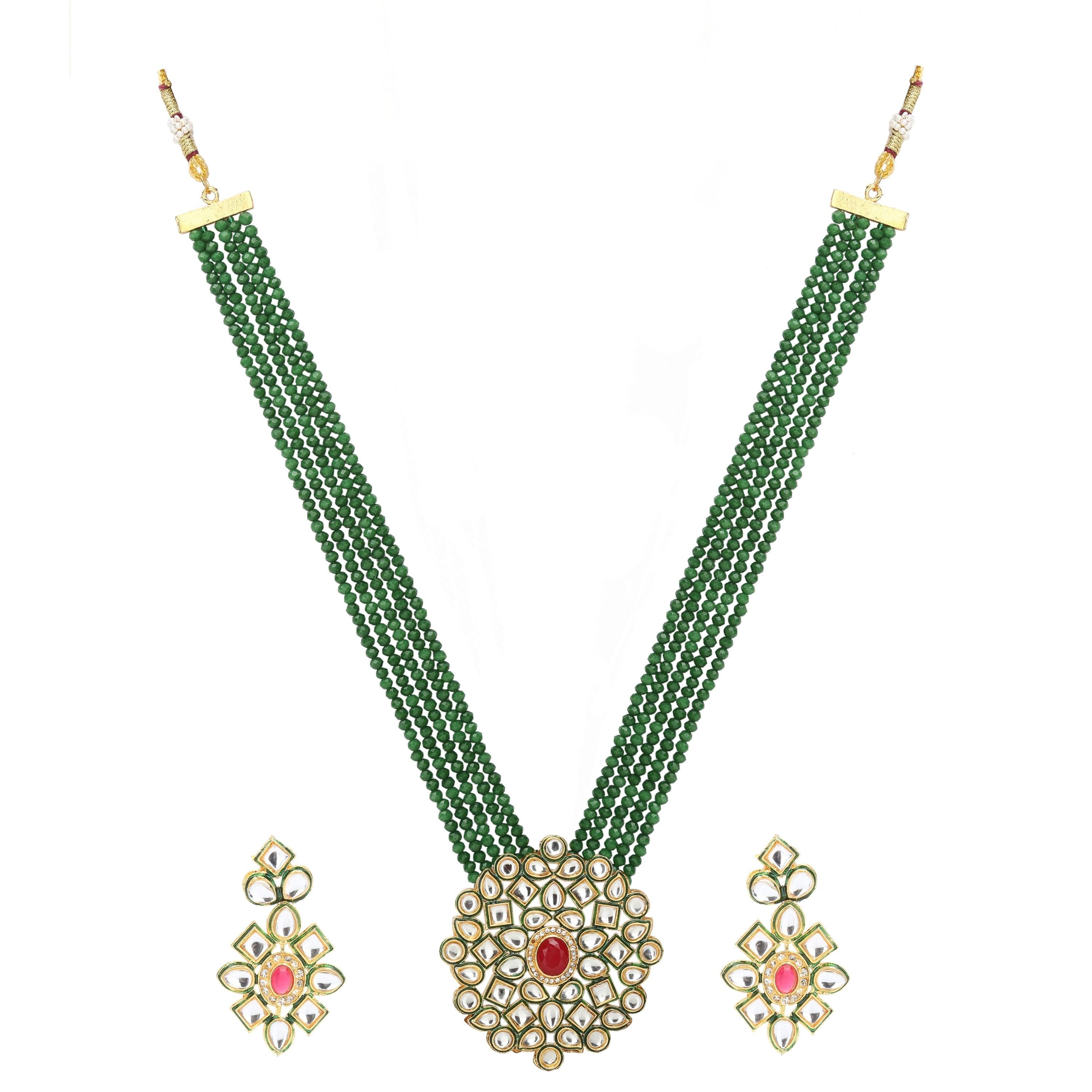 Sukriti Partywear 5 layered Green Crystal Beads Polki Kundan Earring Pendant Set Jewellery for Girls & Women