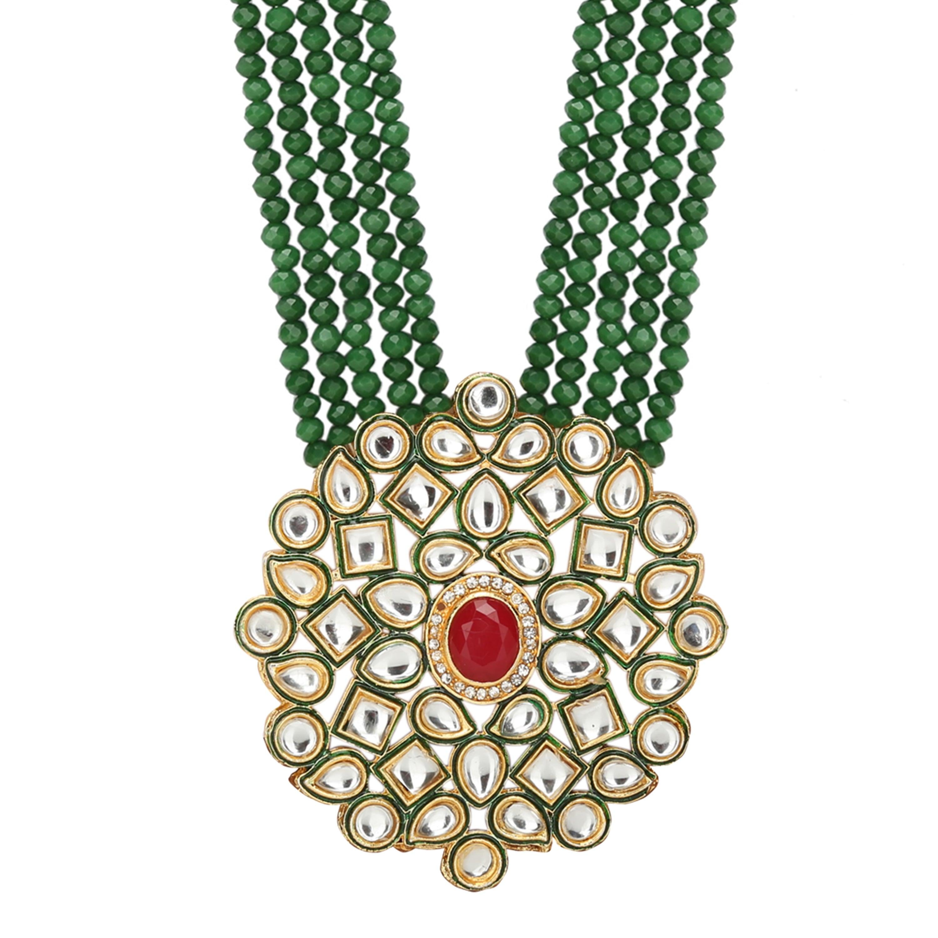 Sukriti Partywear 5 layered Green Crystal Beads Polki Kundan Earring Pendant Set Jewellery for Girls & Women
