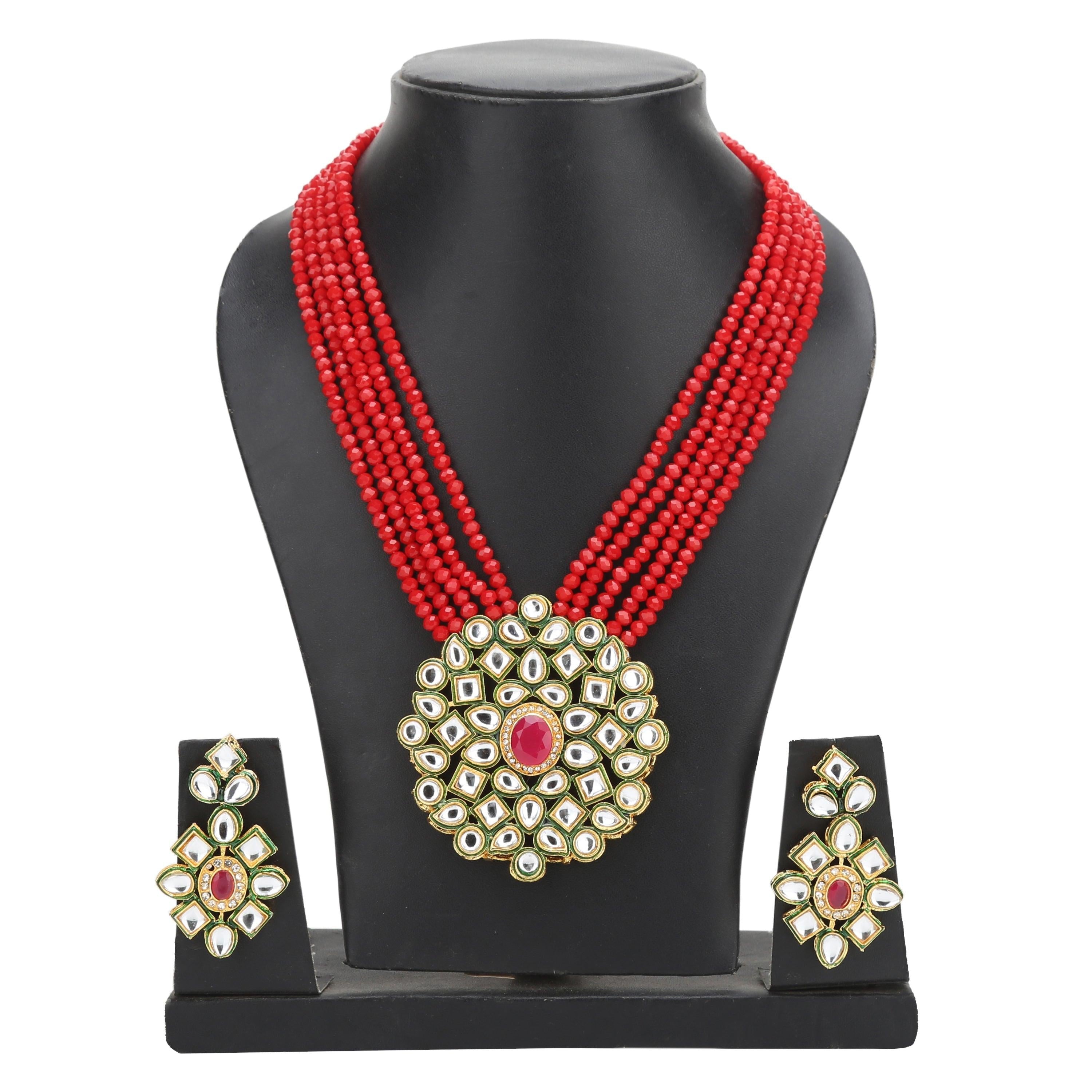 Sukriti Partywear 5 layered Red Crystal Beads Polki Kundan Earring Pendant Set Jewelry for Girls & Women