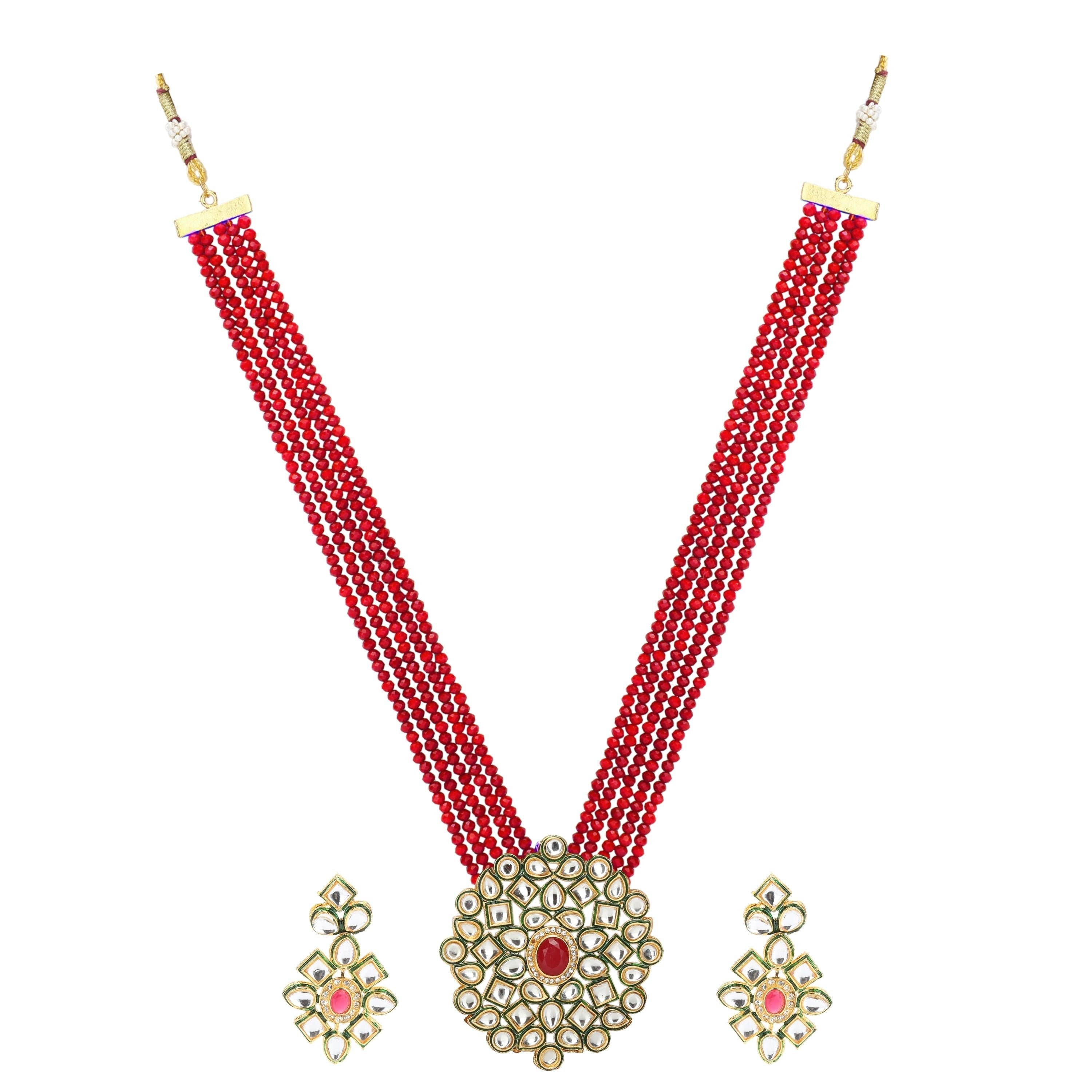 Sukriti Partywear 5 layered Red Crystal Beads Polki Kundan Earring Pendant Set Jewelry for Girls & Women