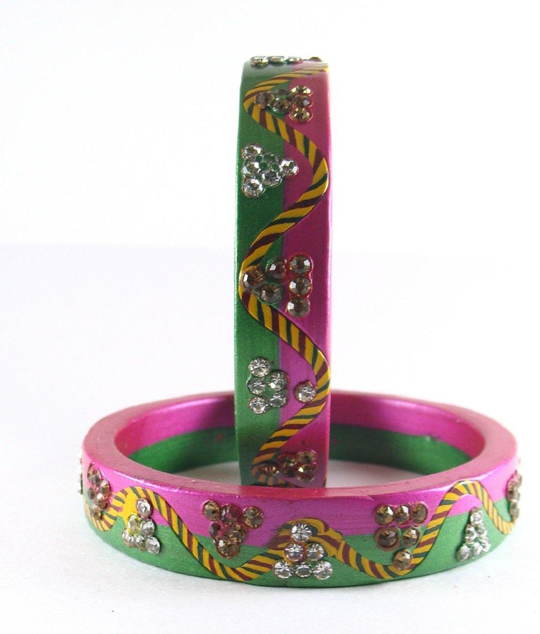 Sukriti Rajasthani Lahariya Green-Magenta Lac Bangles for Women - Set of 2