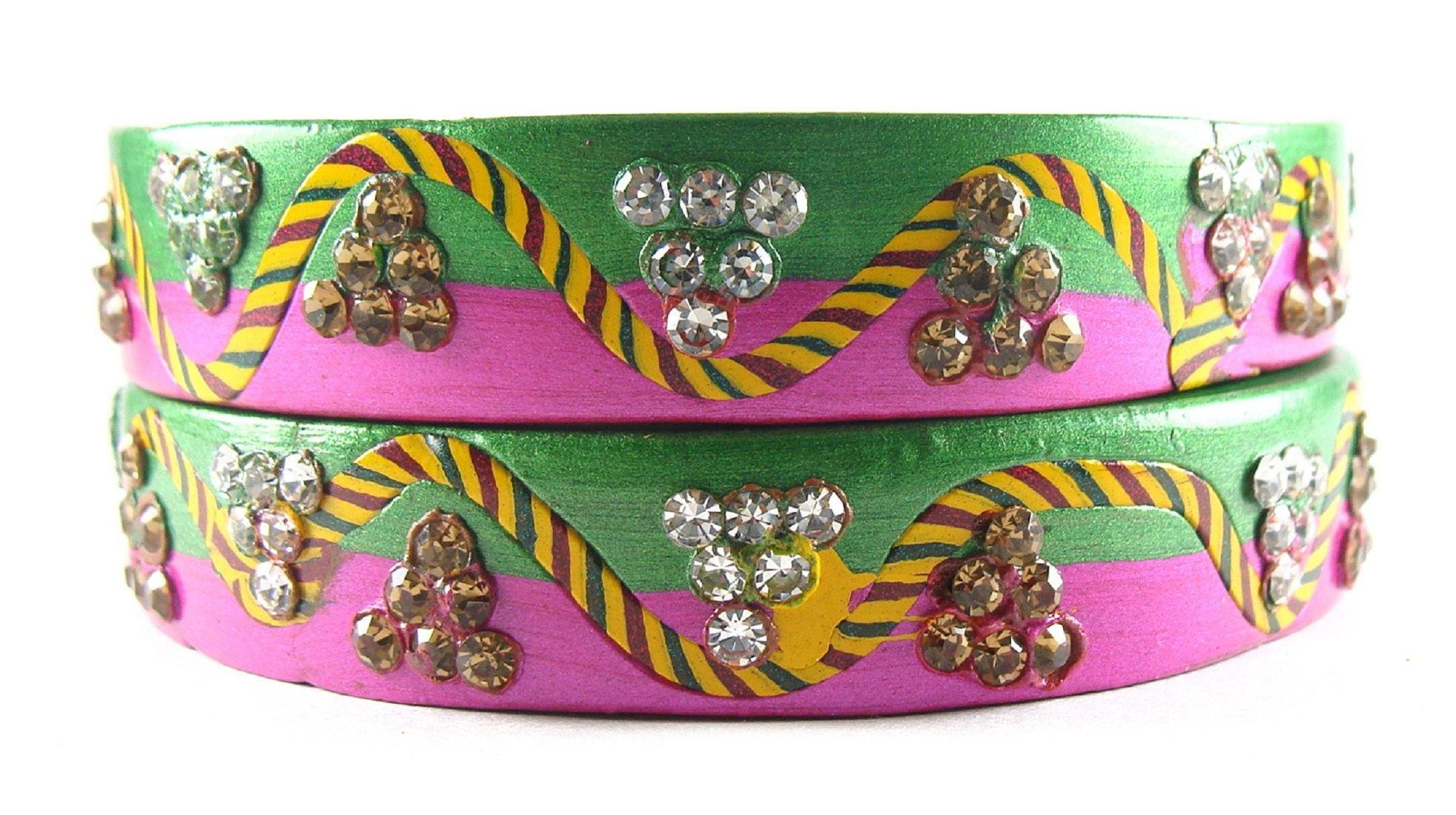 Sukriti Rajasthani Lahariya Green-Magenta Lac Bangles for Women - Set of 2