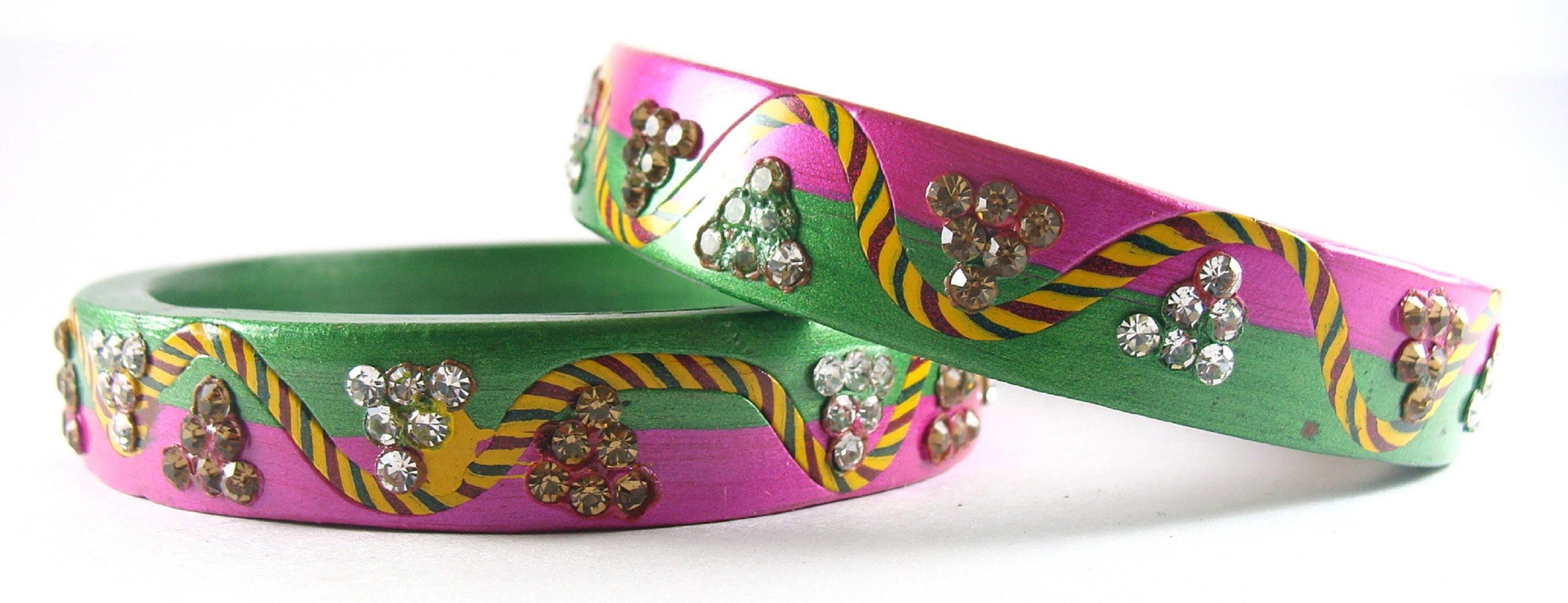 Sukriti Rajasthani Lahariya Green-Magenta Lac Bangles for Women - Set of 2