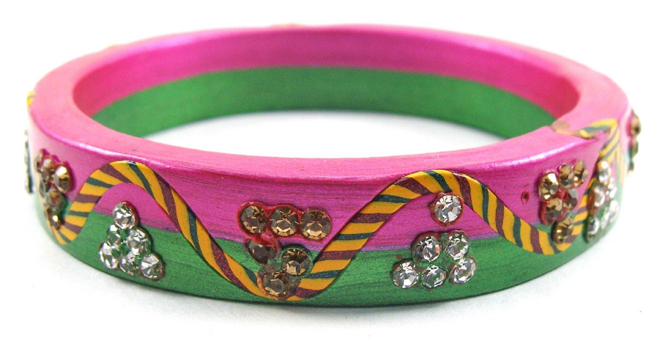 Sukriti Rajasthani Lahariya Green-Magenta Lac Bangles for Women - Set of 2