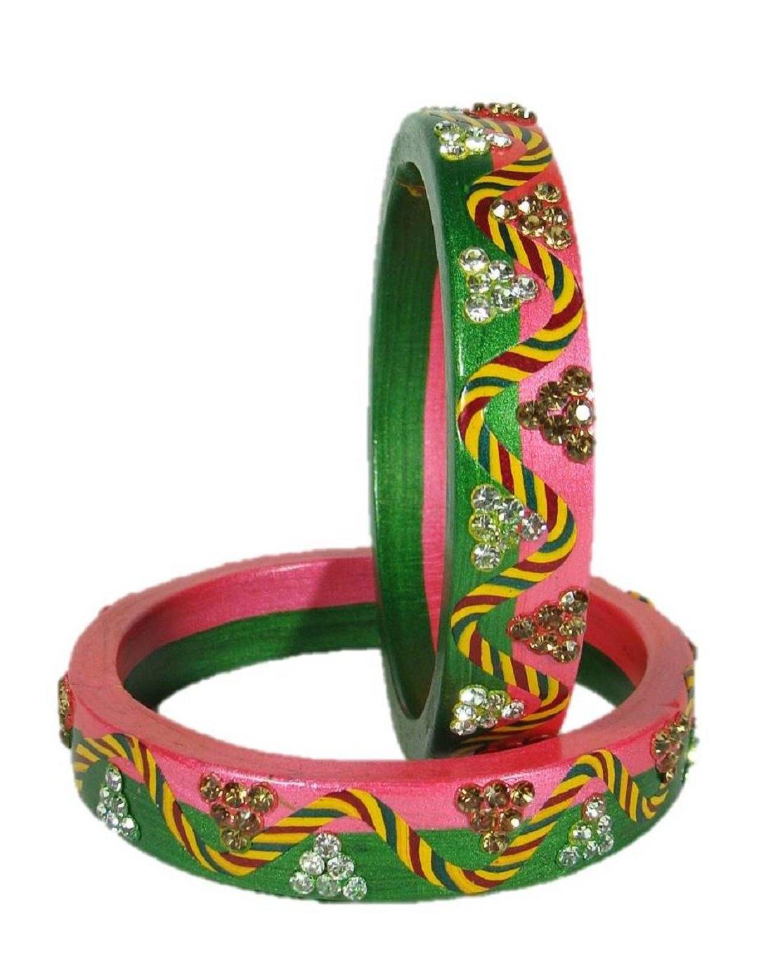 Sukriti Rajasthani Lahariya Green-Pink Lac Bangles for Women - Set of 2