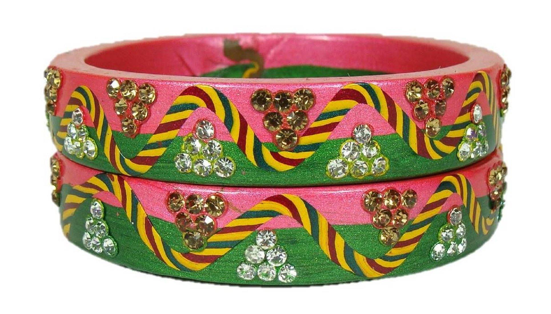 Sukriti Rajasthani Lahariya Green-Pink Lac Bangles for Women - Set of 2