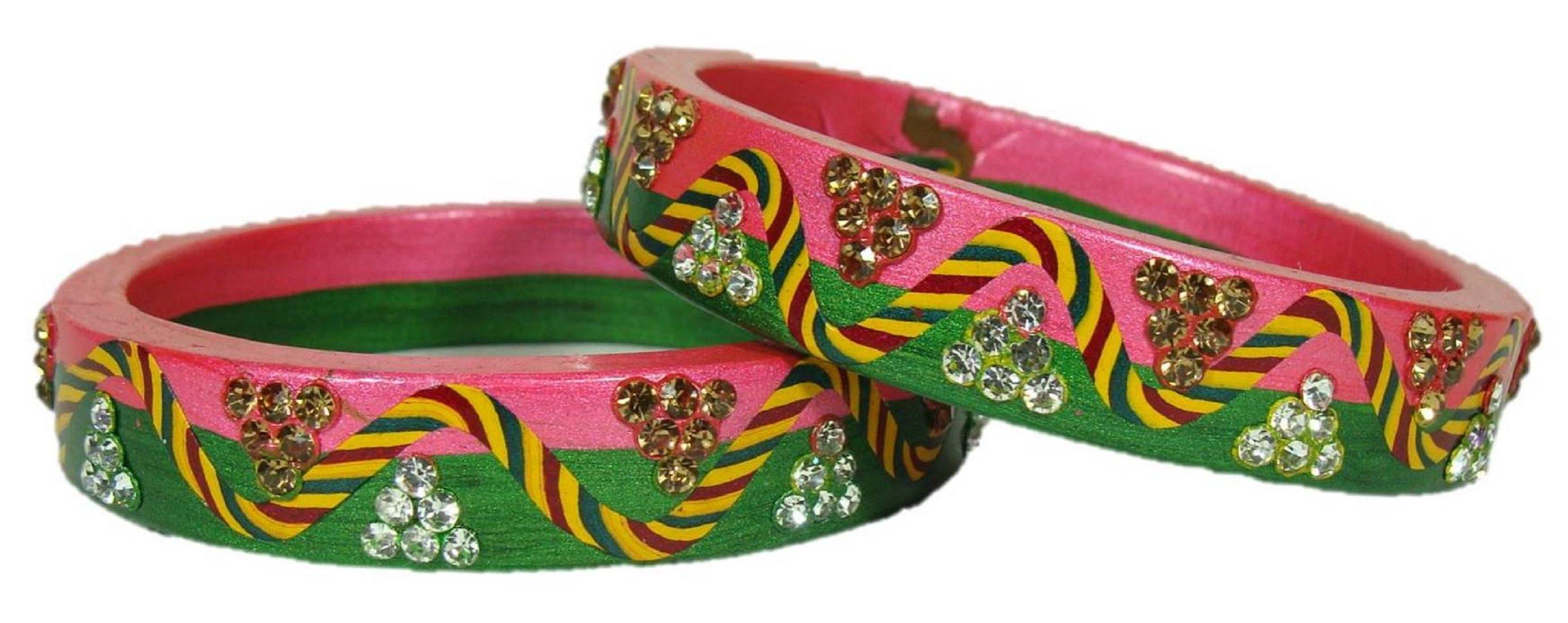 Sukriti Rajasthani Lahariya Green-Pink Lac Bangles for Women - Set of 2