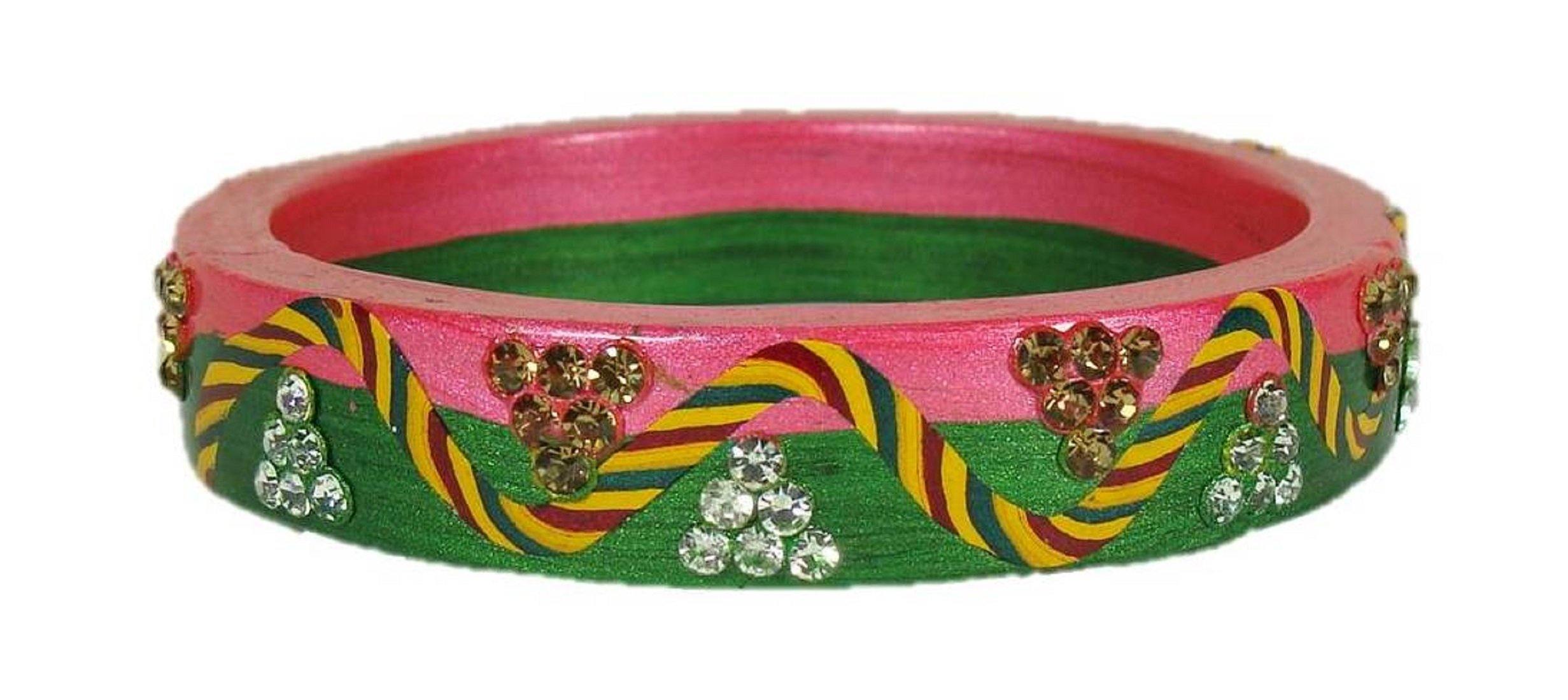Sukriti Rajasthani Lahariya Green-Pink Lac Bangles for Women - Set of 2