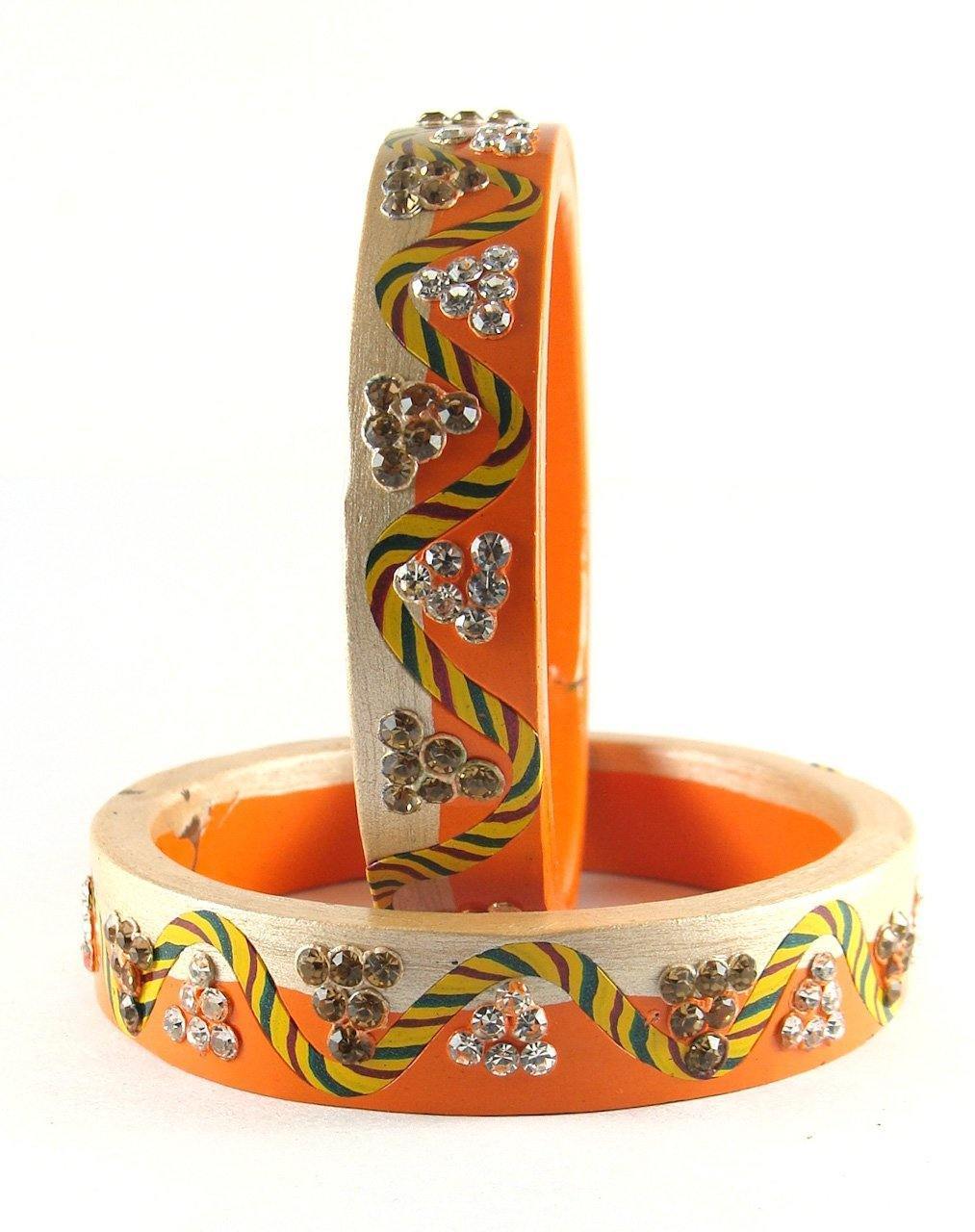 Sukriti Rajasthani Lahariya Orange-Beige Lac Bangles for Women - Set of 2