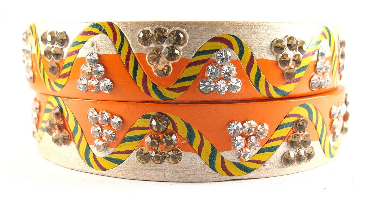 Sukriti Rajasthani Lahariya Orange-Beige Lac Bangles for Women - Set of 2