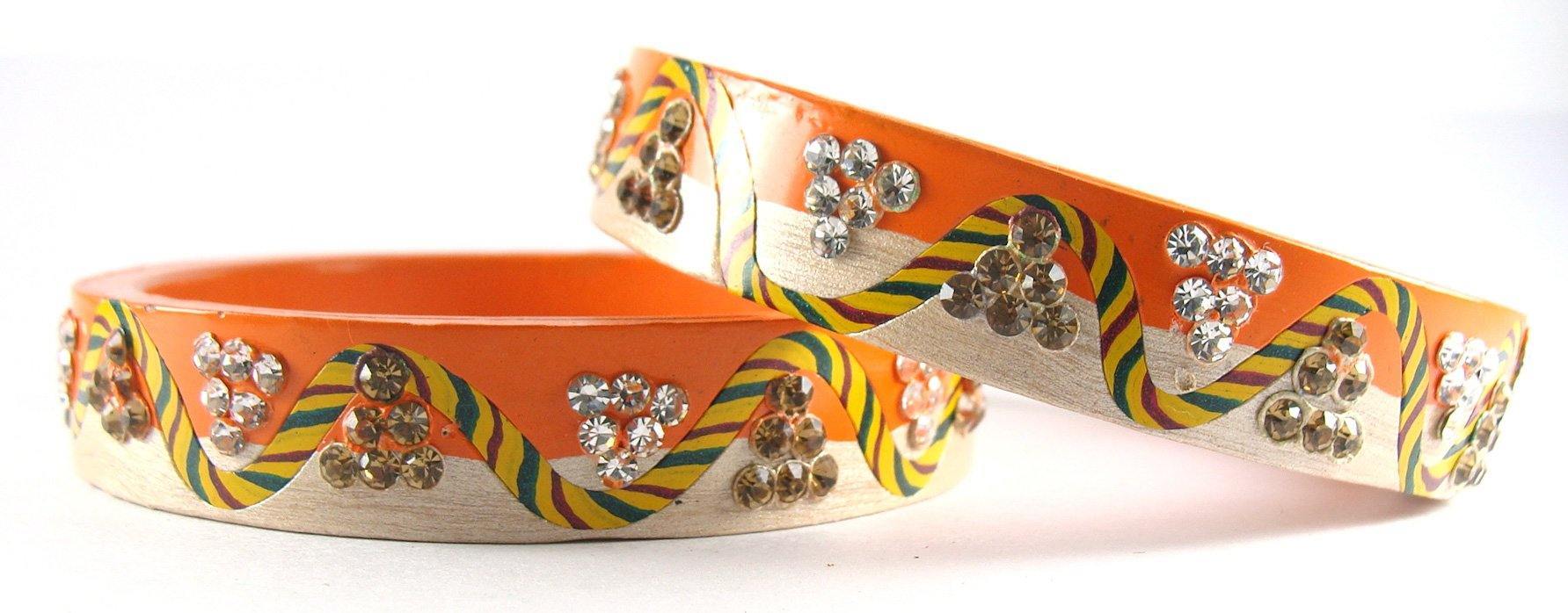 Sukriti Rajasthani Lahariya Orange-Beige Lac Bangles for Women - Set of 2