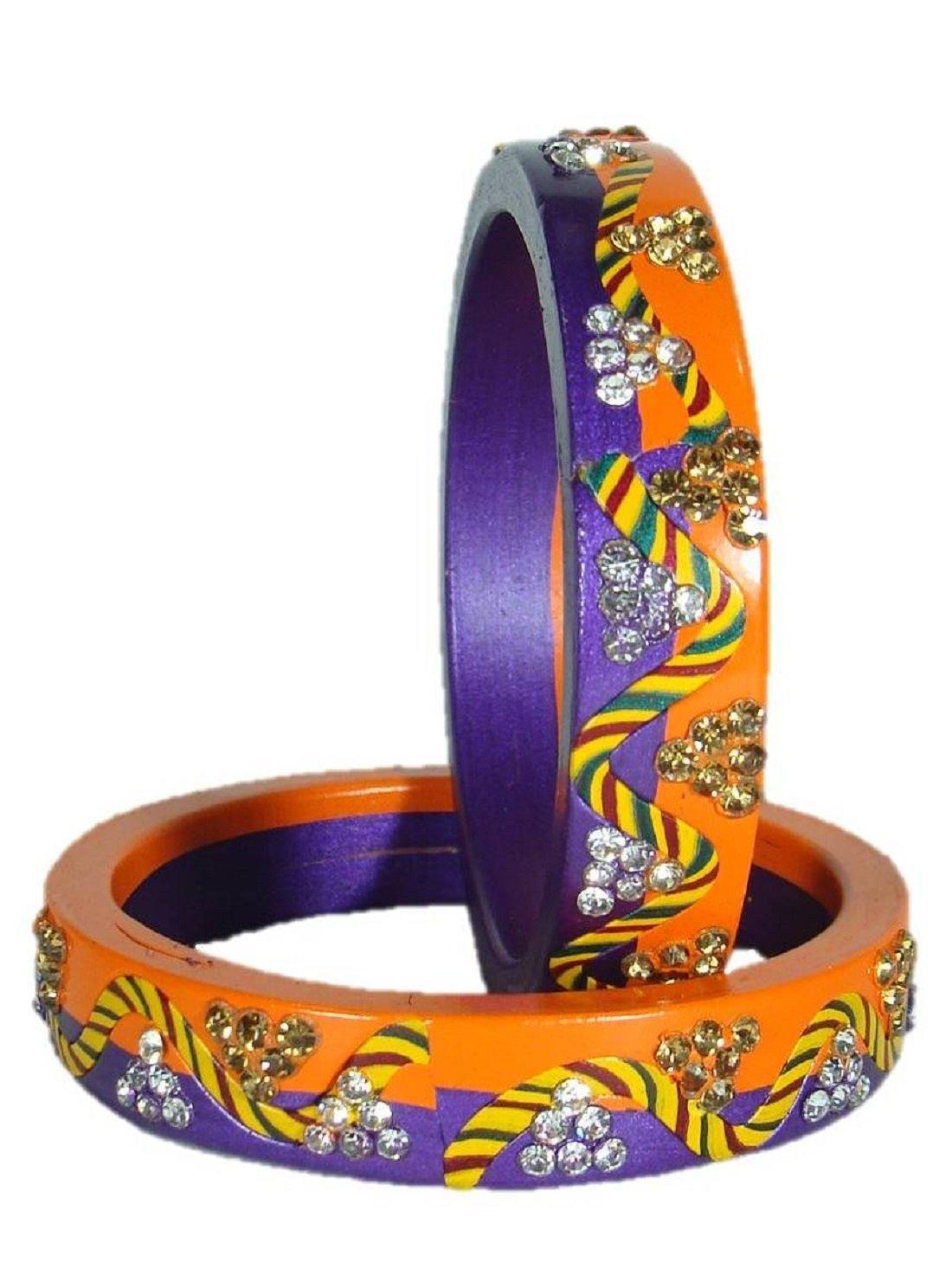 Sukriti Rajasthani Lahariya Orange-Blue Lac Bangles for Women - Set of 2