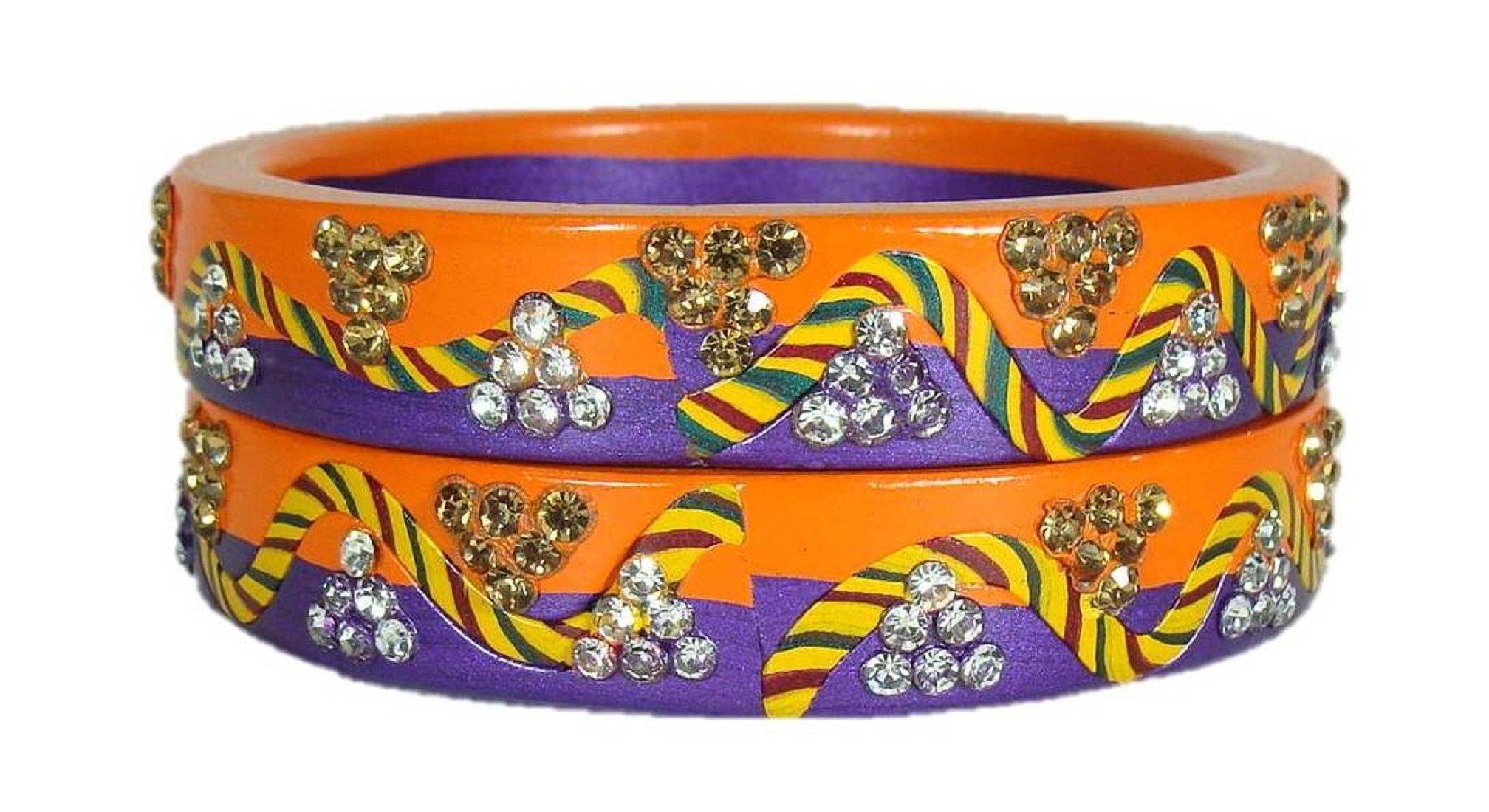 Sukriti Rajasthani Lahariya Orange-Blue Lac Bangles for Women - Set of 2