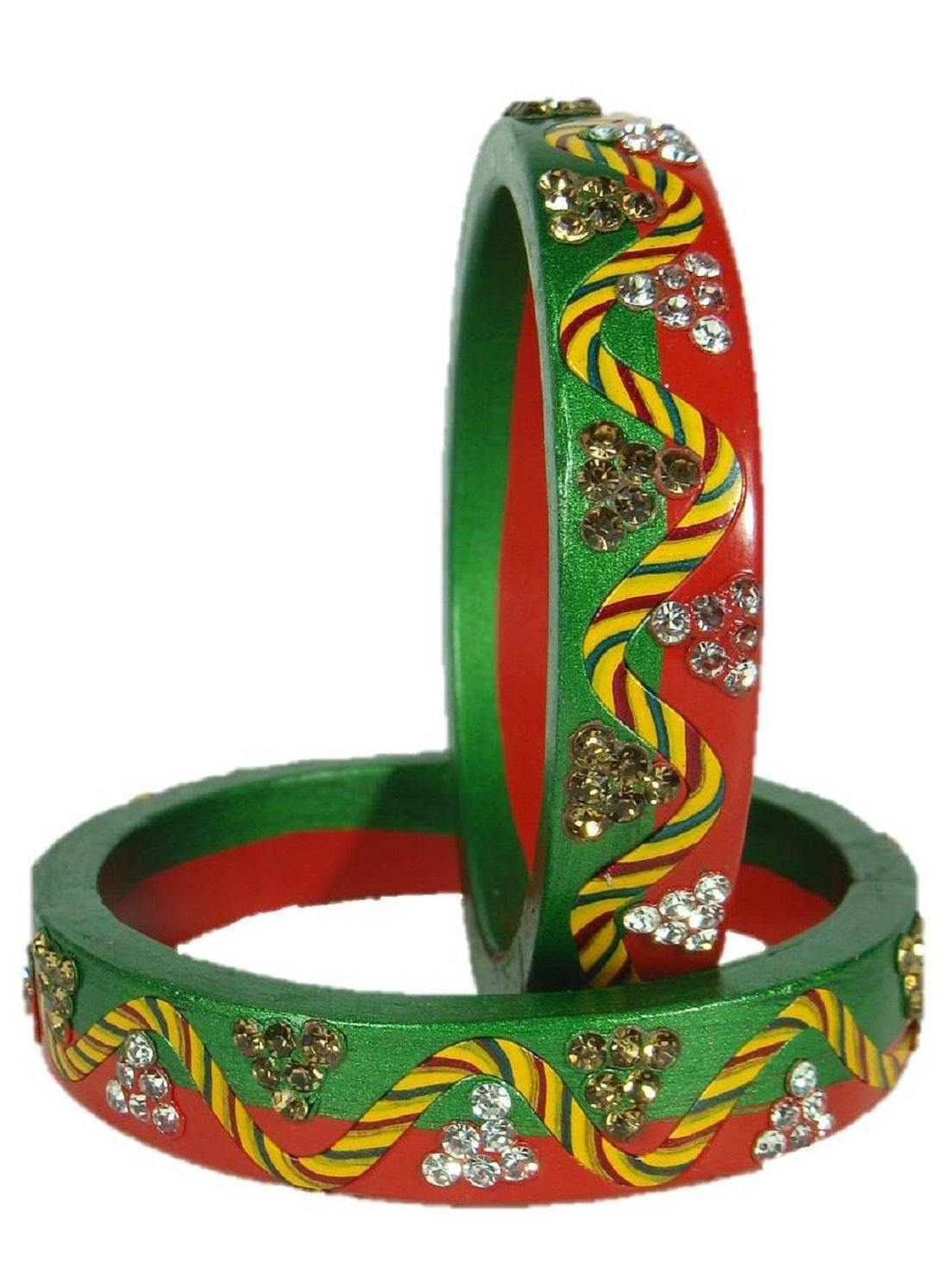 Sukriti Rajasthani Lahariya Red-Green Lac Bangles for Women - Set of 2