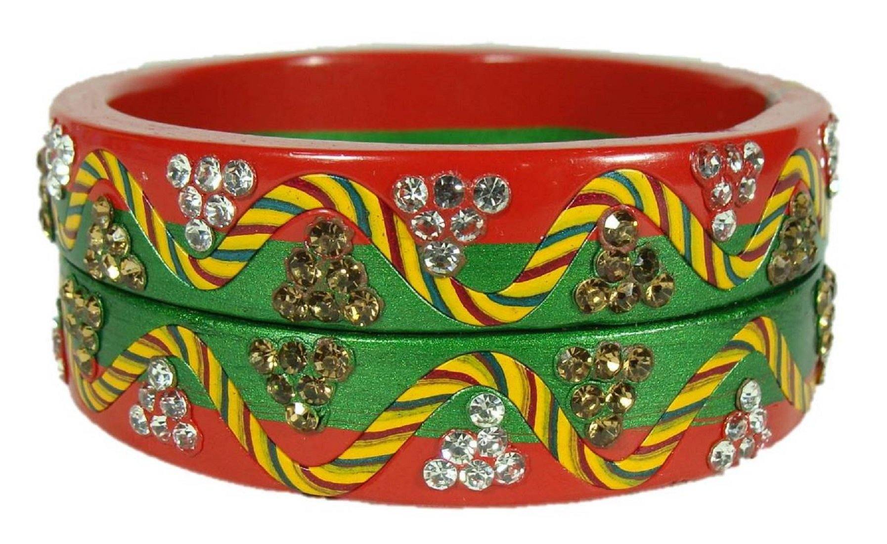 Sukriti Rajasthani Lahariya Red-Green Lac Bangles for Women - Set of 2
