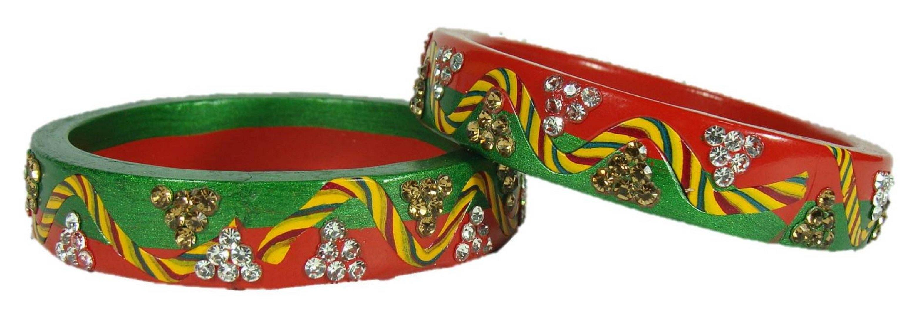 Sukriti Rajasthani Lahariya Red-Green Lac Bangles for Women - Set of 2