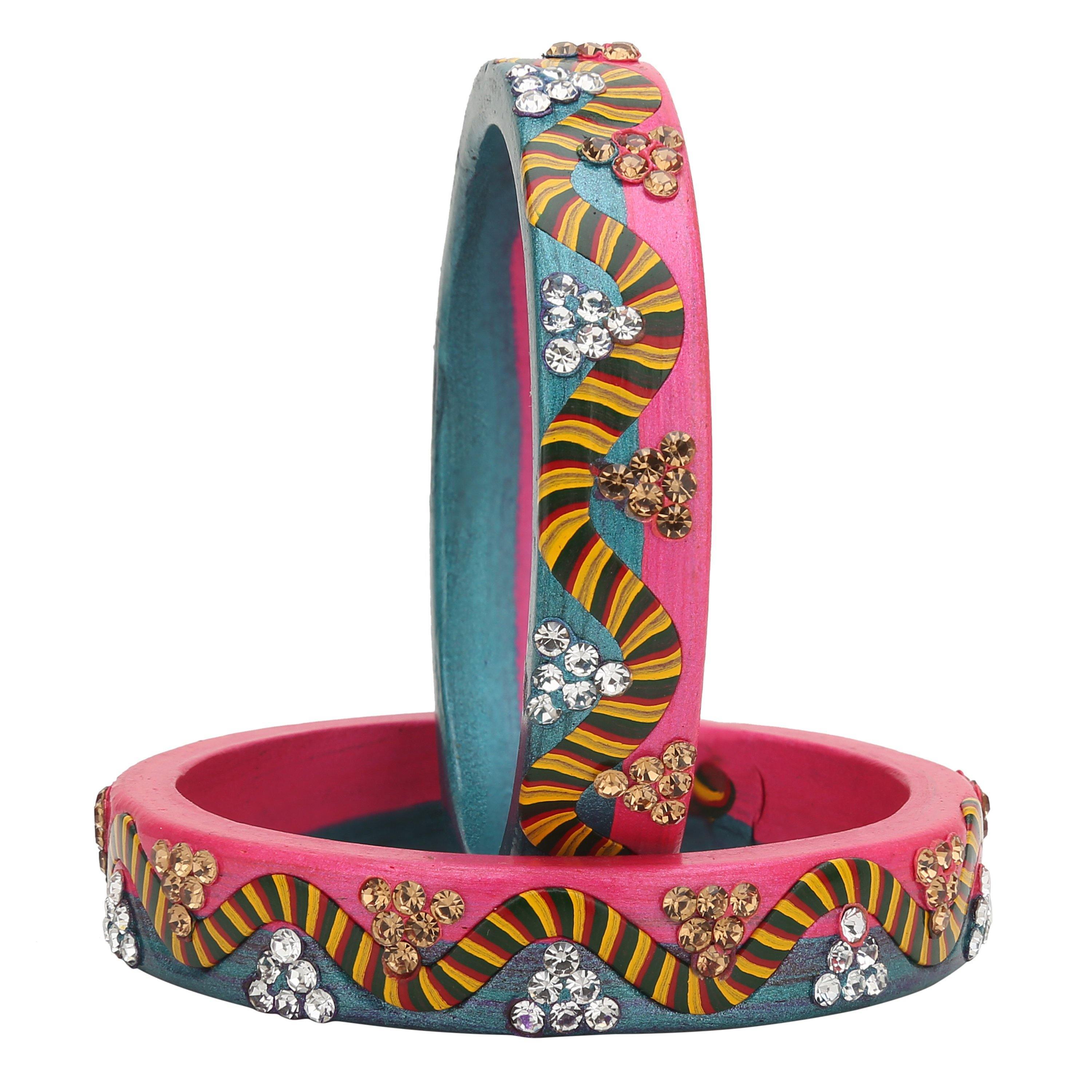 Sukriti Rajasthani Lahariya Seagreen-Pink Lac Bangles for Women - Set of 2