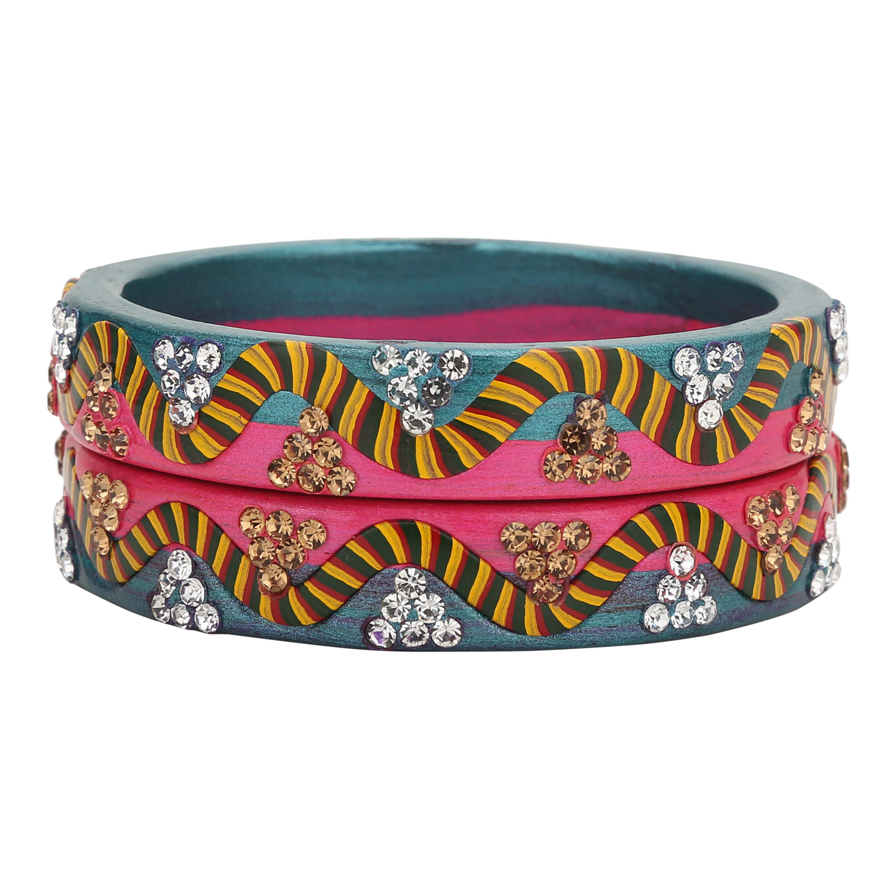Sukriti Rajasthani Lahariya Seagreen-Pink Lac Bangles for Women - Set of 2