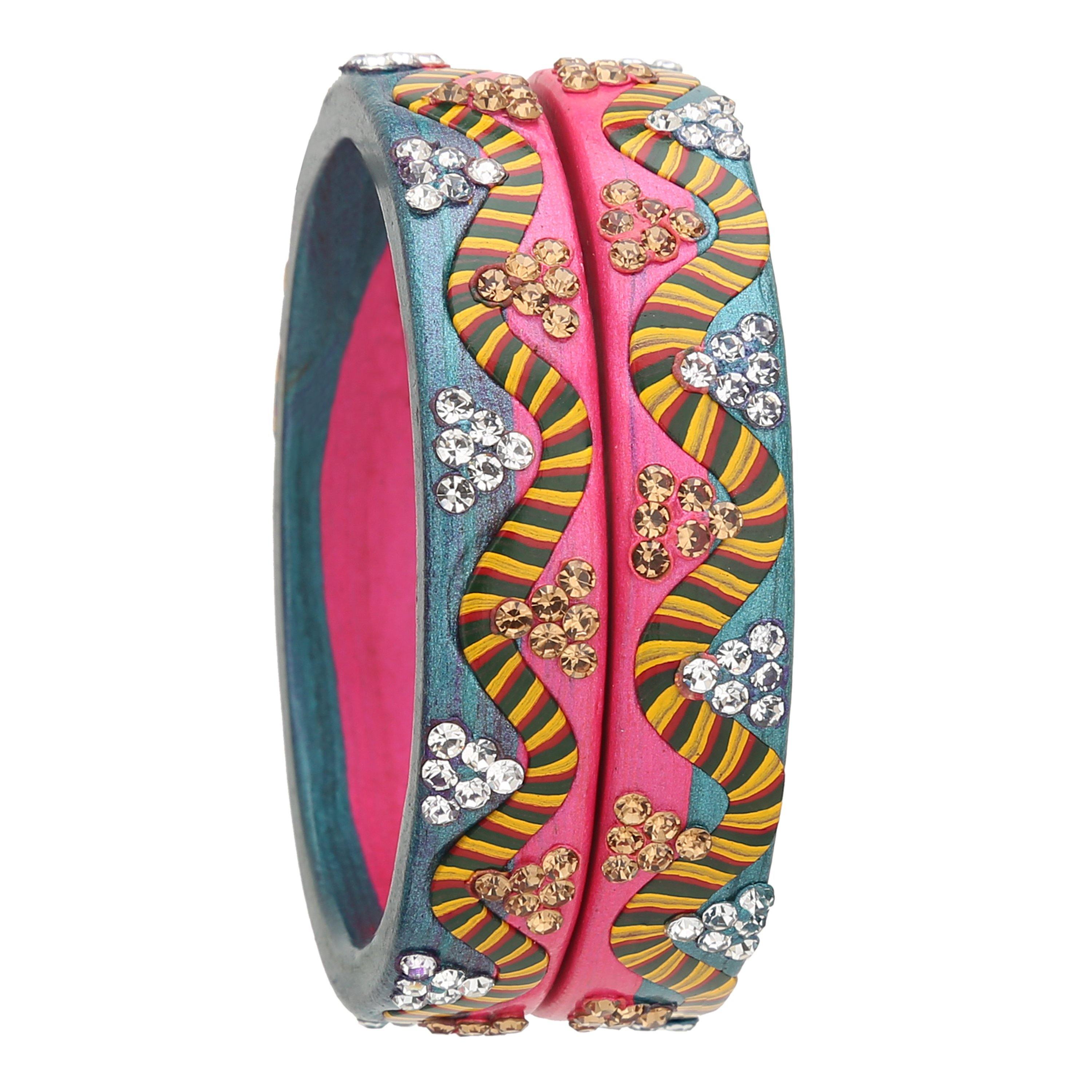 Sukriti Rajasthani Lahariya Seagreen-Pink Lac Bangles for Women - Set of 2