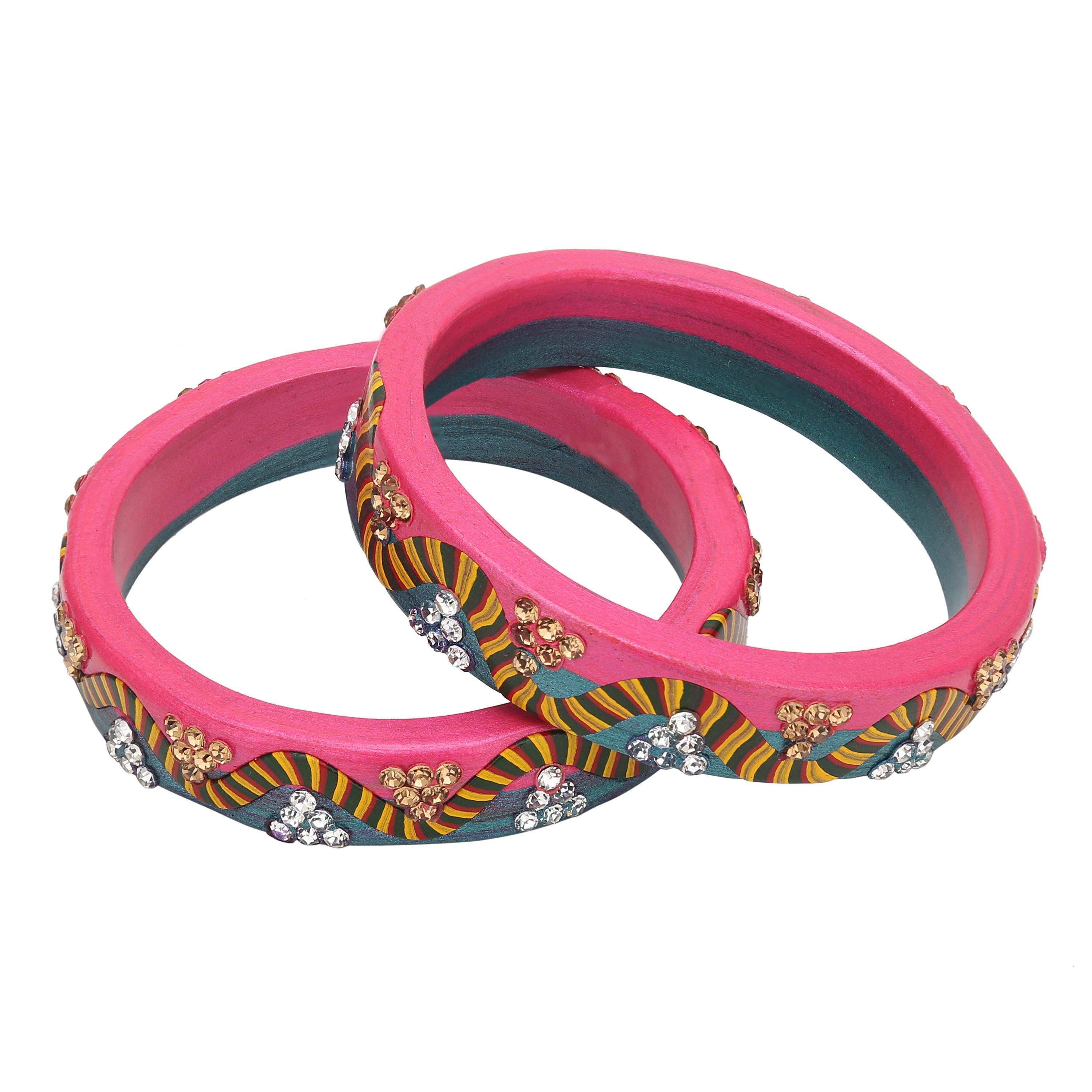 Sukriti Rajasthani Lahariya Seagreen-Pink Lac Bangles for Women - Set of 2