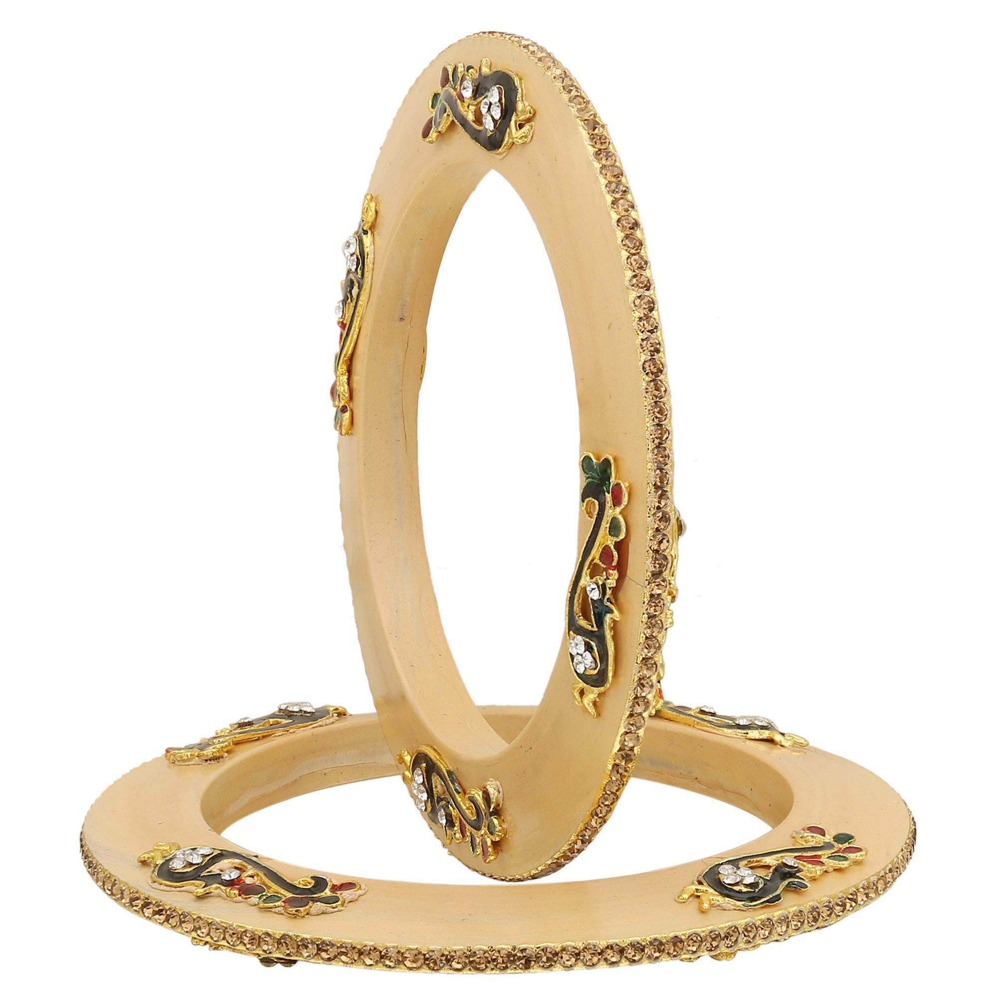 Sukriti Rajputi Royal Peacock Embellished Lac Kada Cream Bangles Jewelry for Women - Set of 2