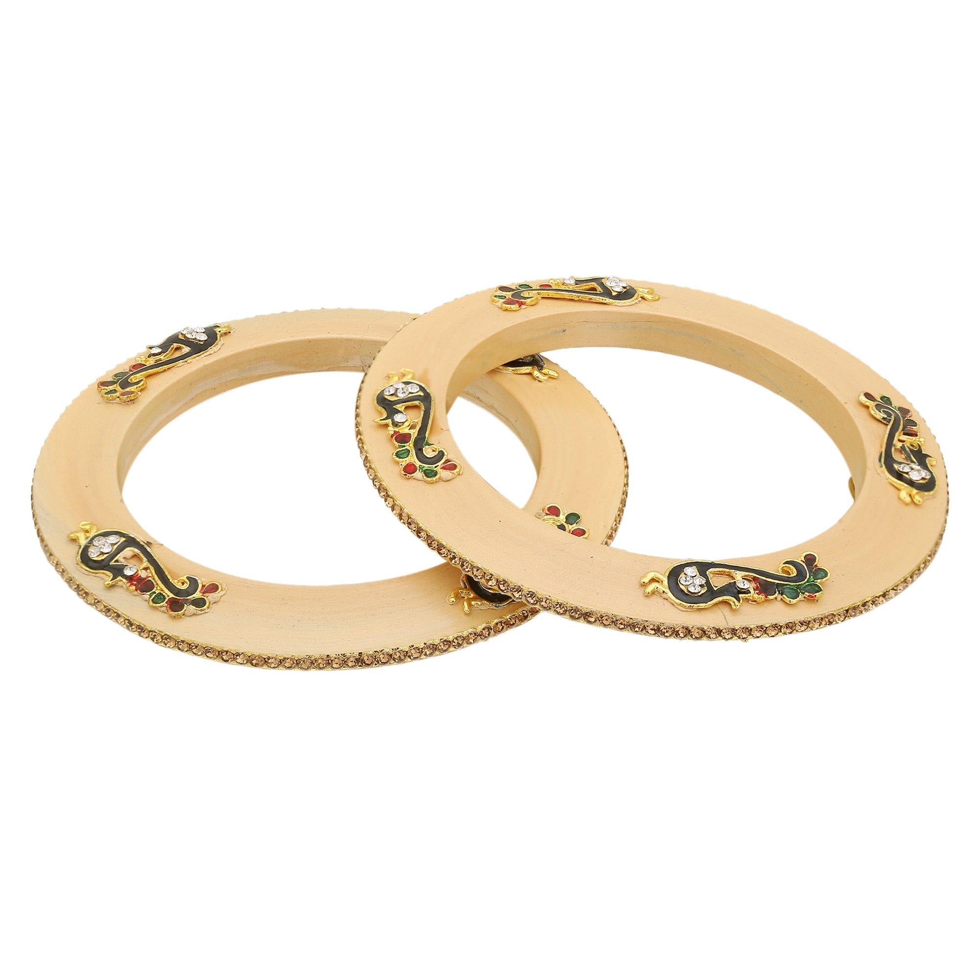 Sukriti Rajputi Royal Peacock Embellished Lac Kada Cream Bangles Jewelry for Women - Set of 2