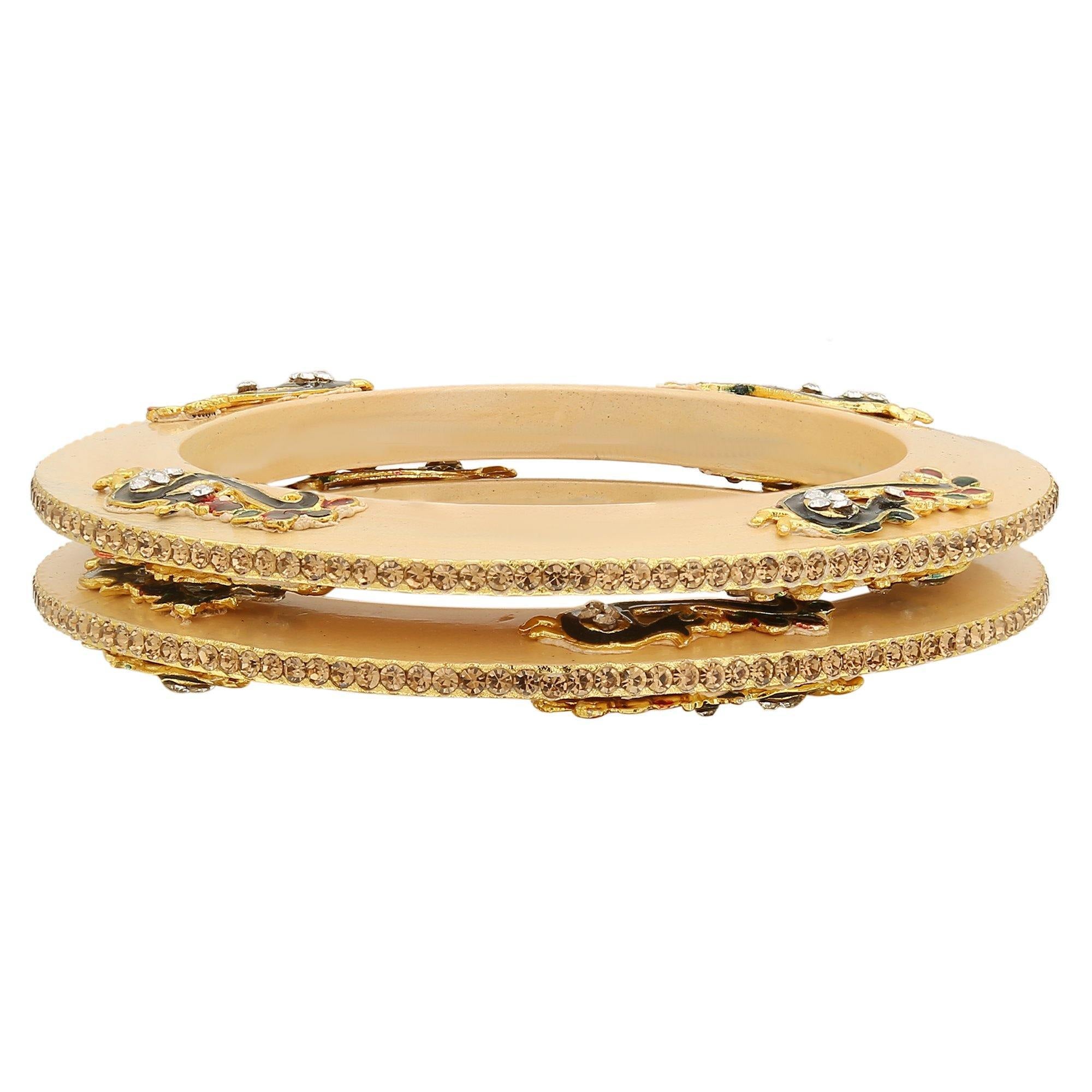 Sukriti Rajputi Royal Peacock Embellished Lac Kada Cream Bangles Jewelry for Women - Set of 2