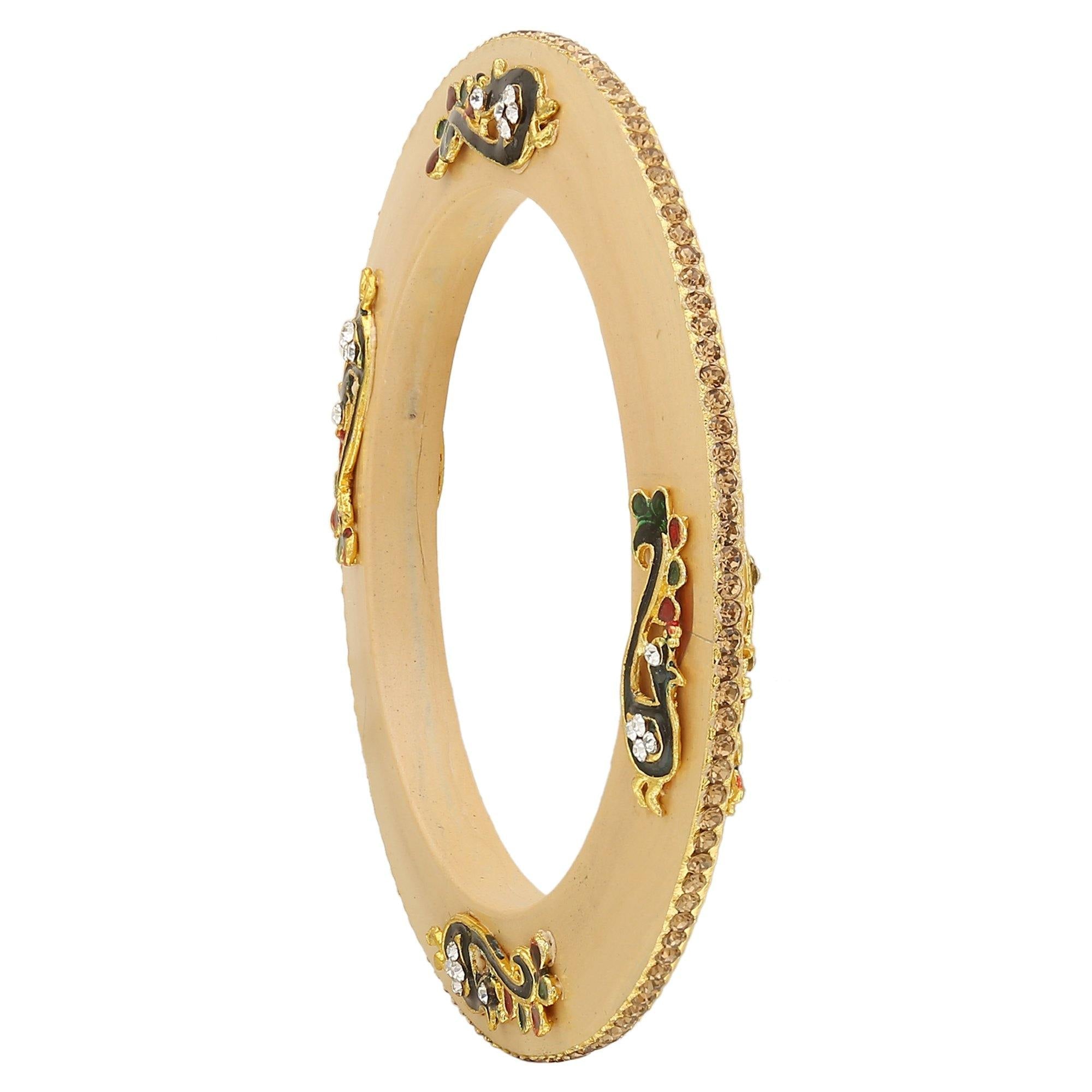 Sukriti Rajputi Royal Peacock Embellished Lac Kada Cream Bangles Jewelry for Women - Set of 2