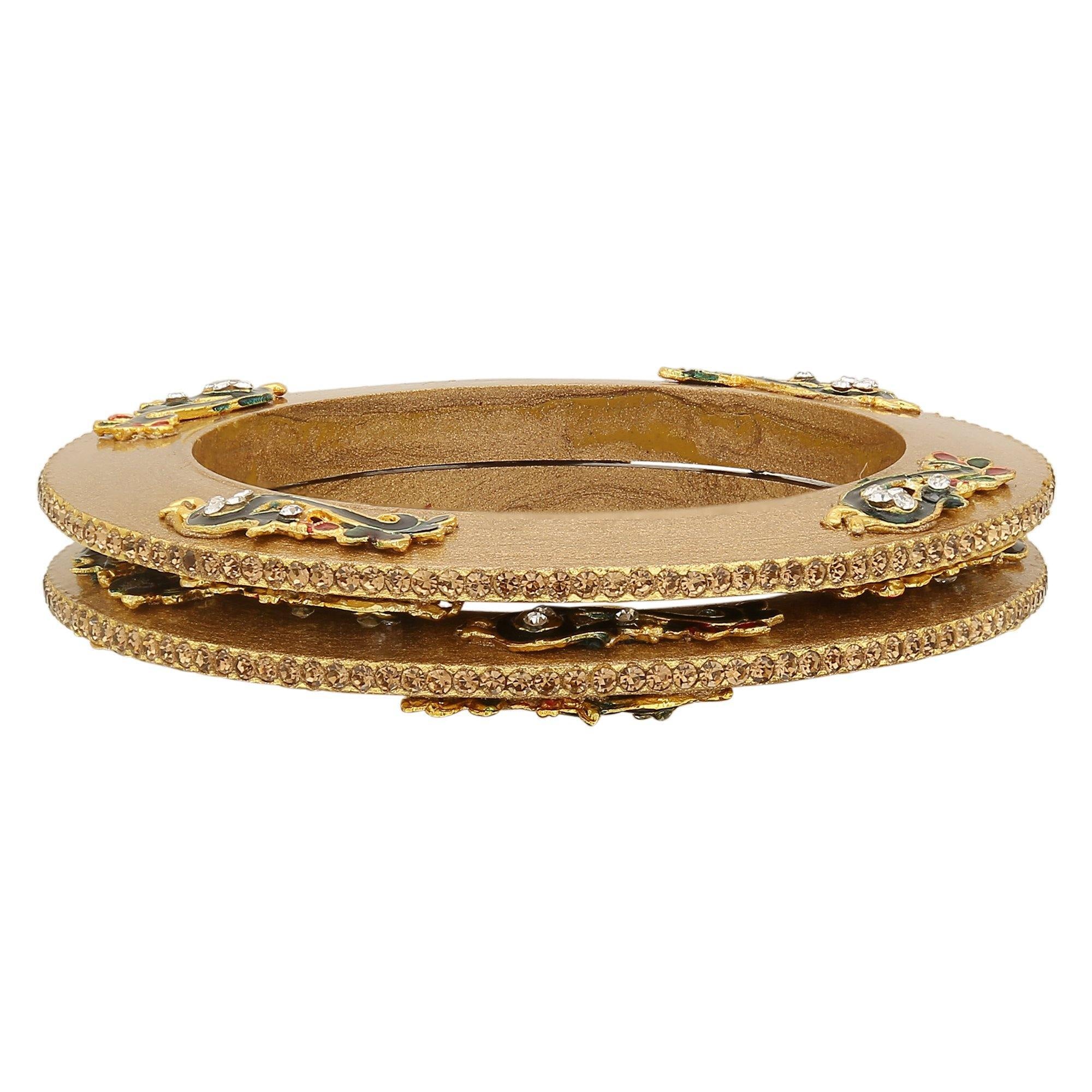 Sukriti Rajputi Royal Peacock Embellished Lac Kada Gold Bangles Jewelry for Women - Set of 2