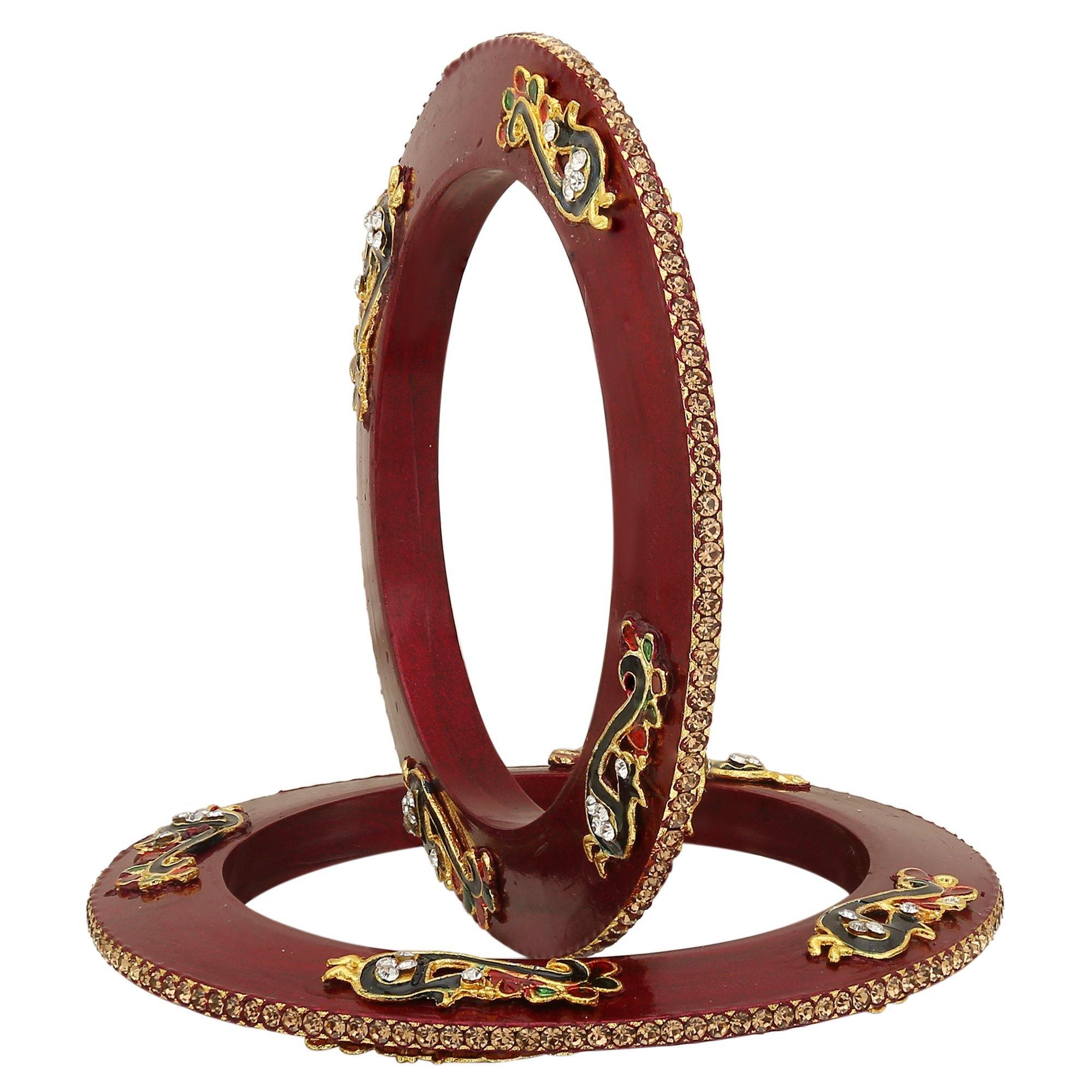 Sukriti Rajputi Royal Peacock Embellished Lac Kada Maroon Bangles Jewelry for Women - Set of 2
