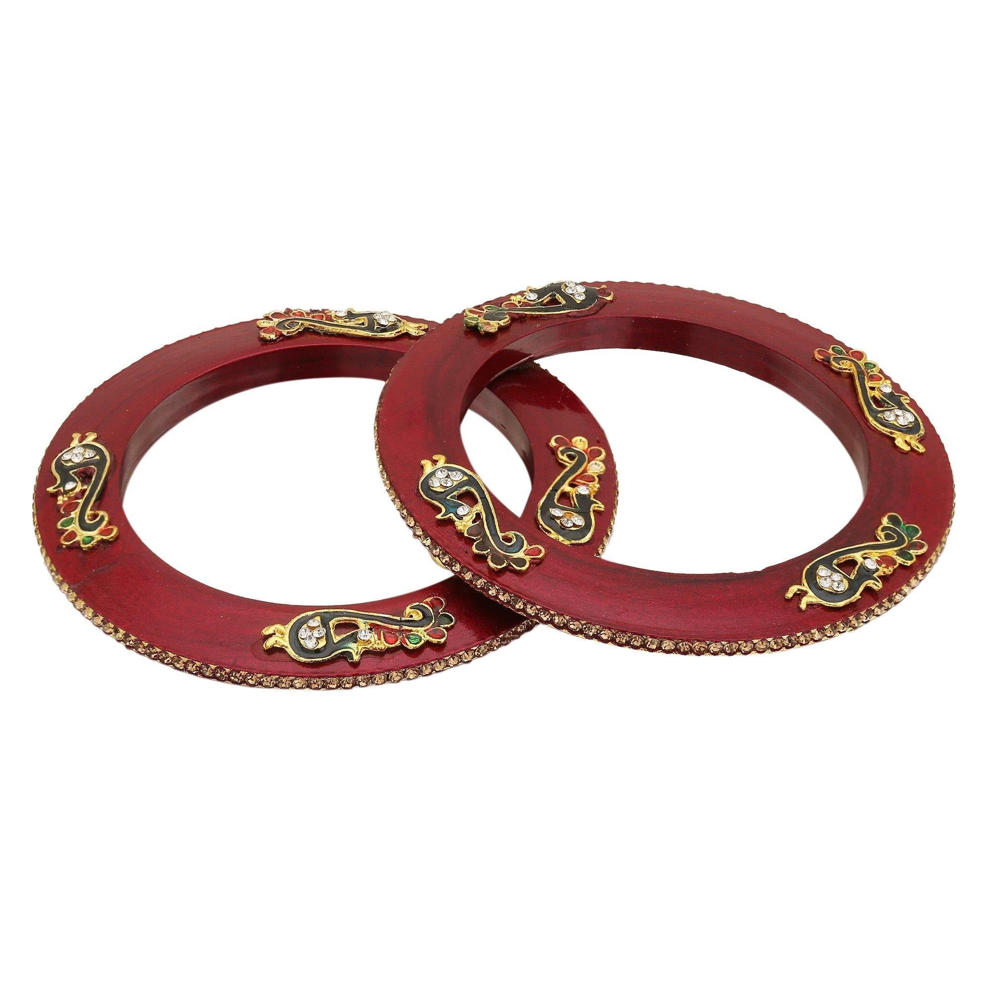 Sukriti Rajputi Royal Peacock Embellished Lac Kada Maroon Bangles Jewelry for Women - Set of 2