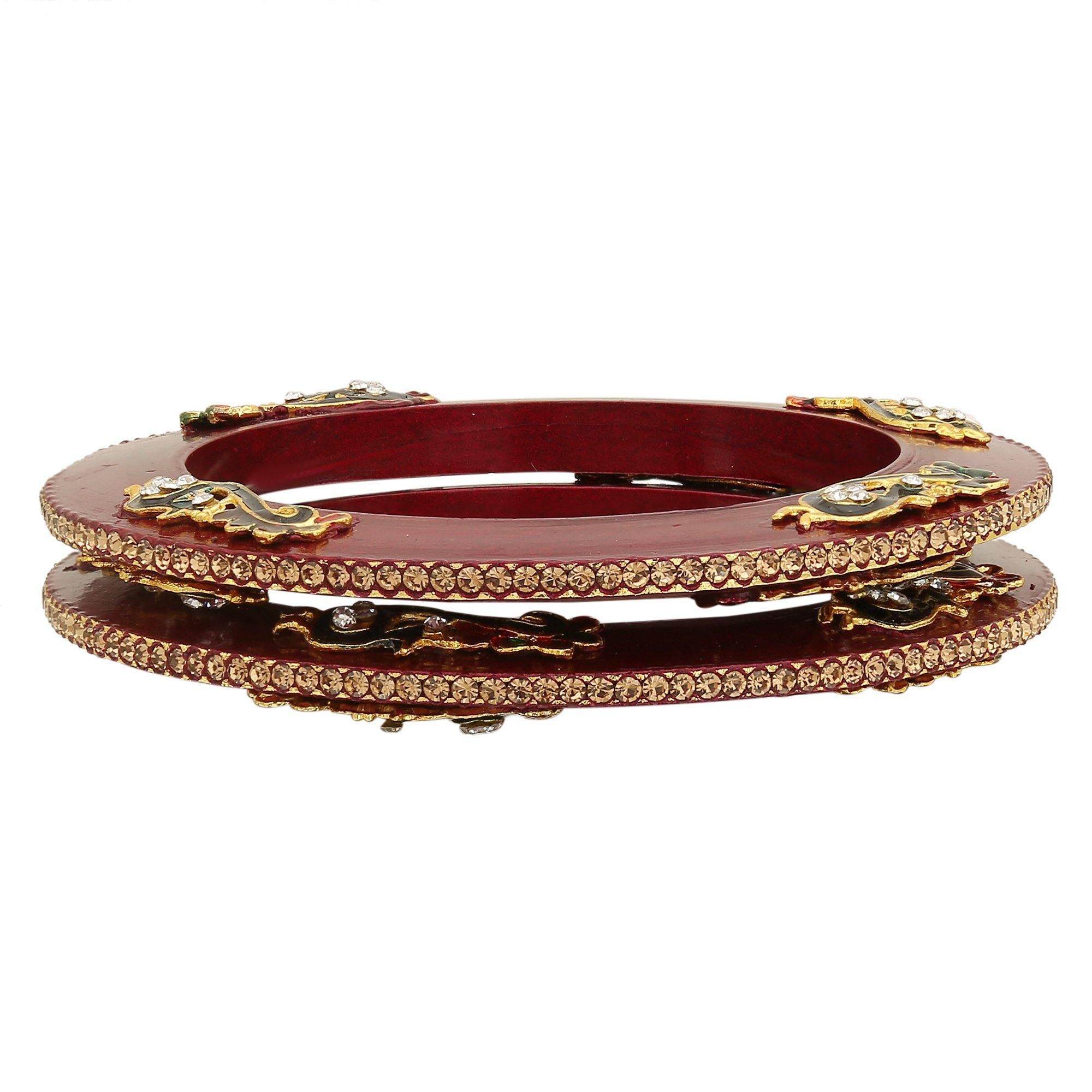 Sukriti Rajputi Royal Peacock Embellished Lac Kada Maroon Bangles Jewelry for Women - Set of 2
