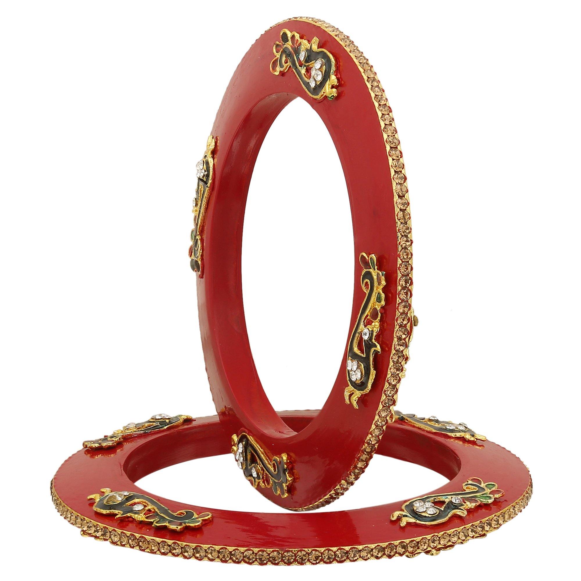 Sukriti Rajputi Royal Peacock Embellished Lac Kada Red Bangles Jewelry for Women - Set of 2