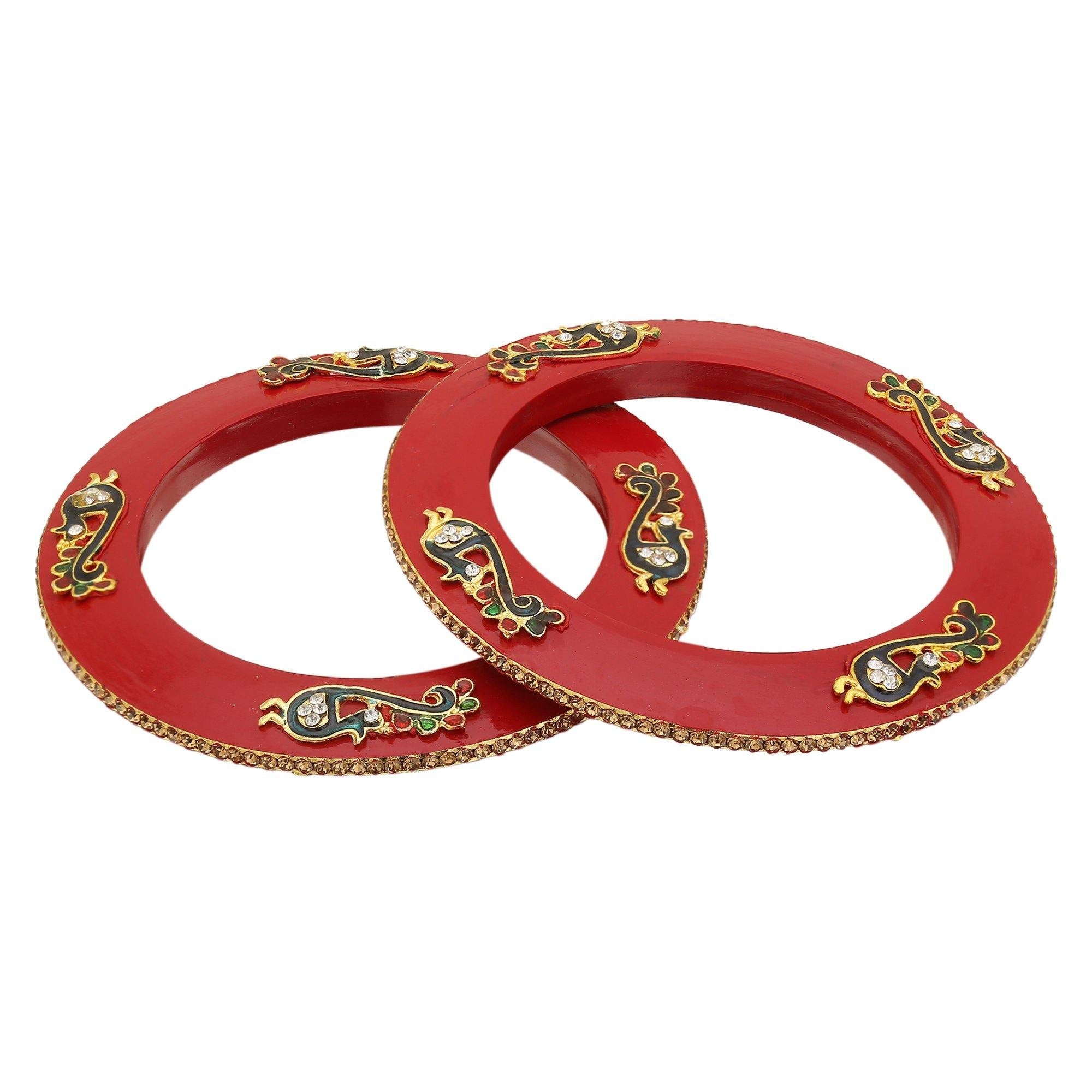 Sukriti Rajputi Royal Peacock Embellished Lac Kada Red Bangles Jewelry for Women - Set of 2