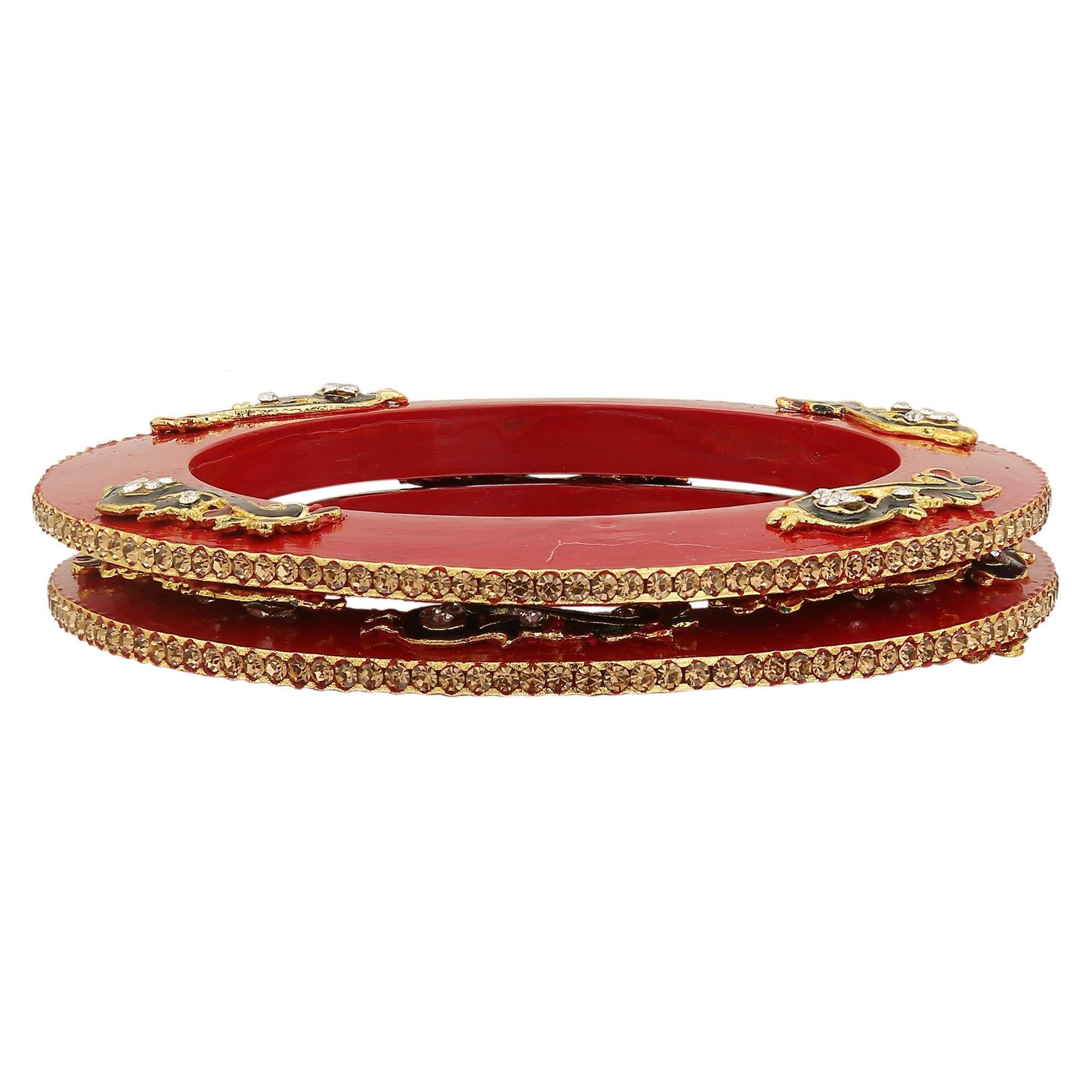 Sukriti Rajputi Royal Peacock Embellished Lac Kada Red Bangles Jewelry for Women - Set of 2