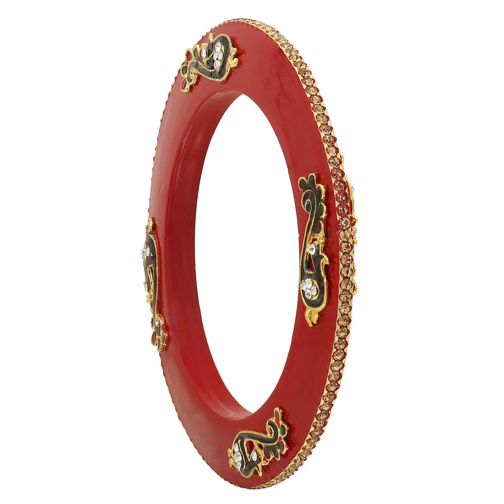 Sukriti Rajputi Royal Peacock Embellished Lac Kada Red Bangles Jewelry for Women - Set of 2