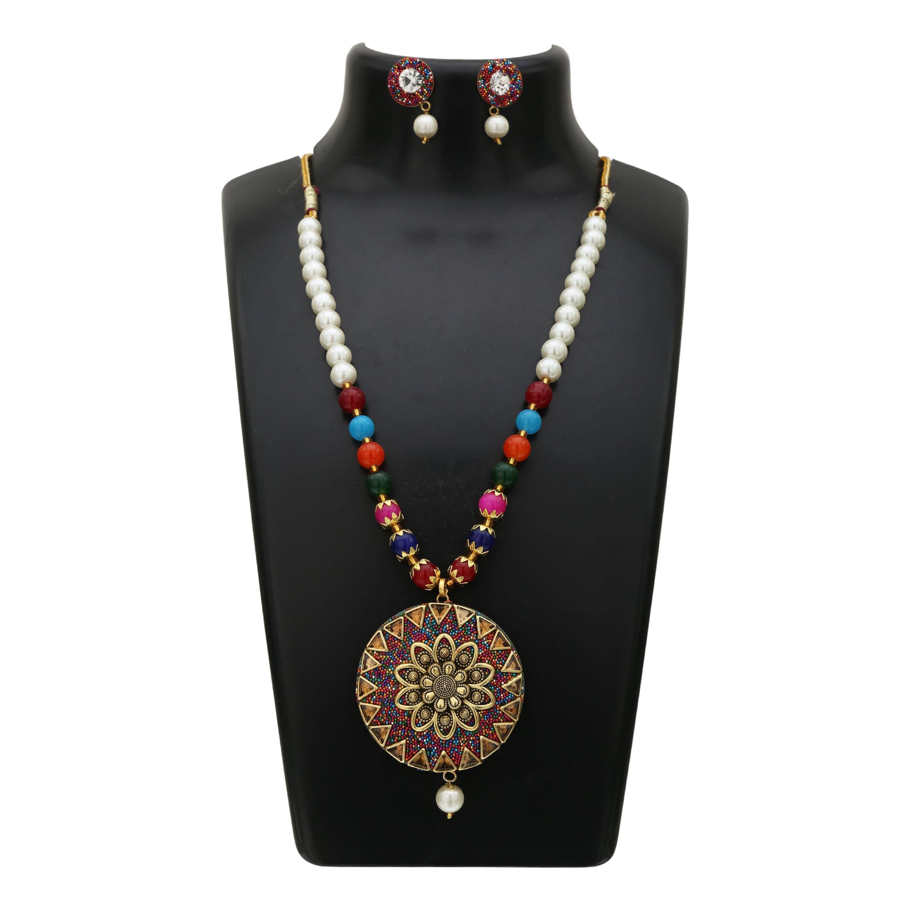 Sukriti Stylish Adorable Flower Design Pendant Earrings set with Pearl Multicolor Beads Chain for Girls & Women
