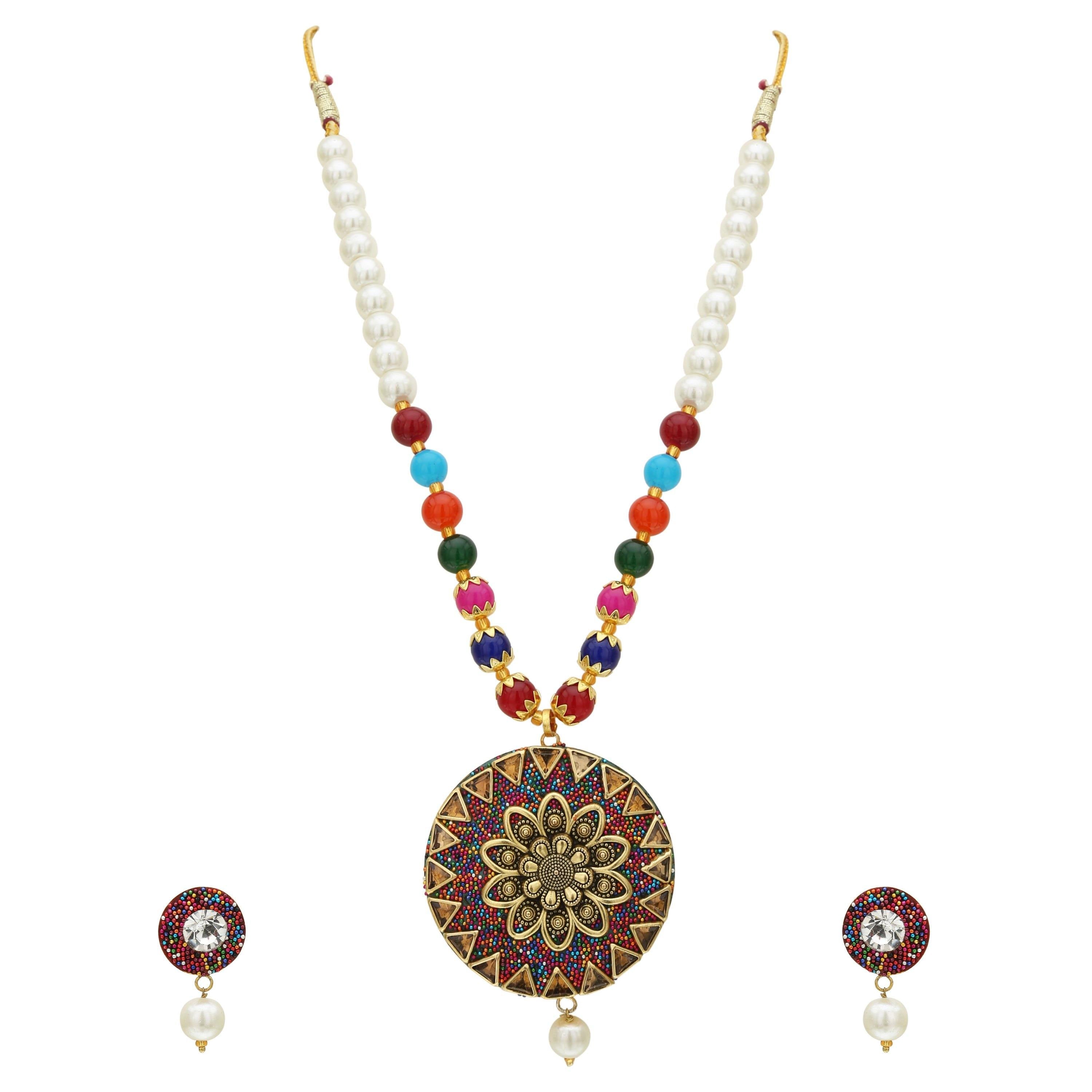 Sukriti Stylish Adorable Flower Design Pendant Earrings set with Pearl Multicolor Beads Chain for Girls & Women