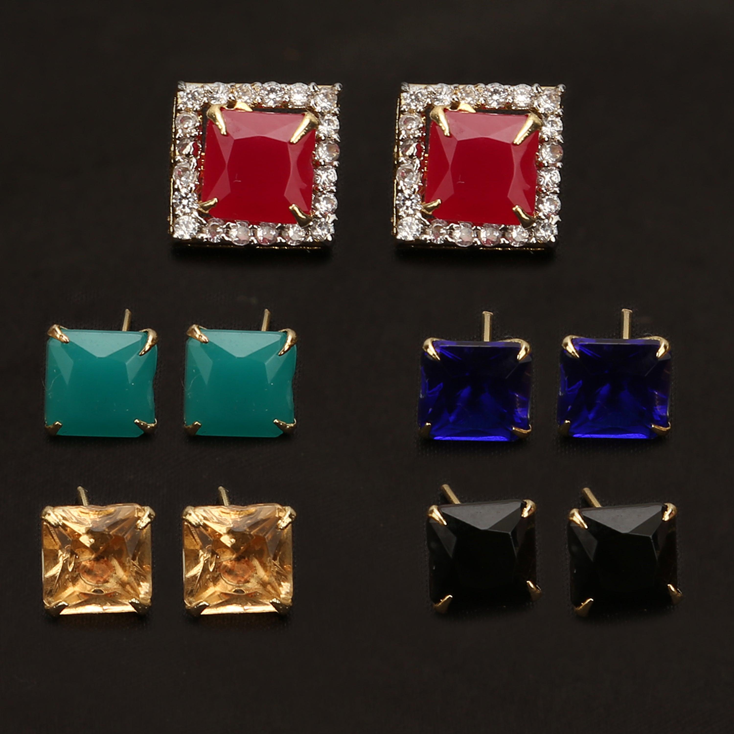 Sukriti Stylish American Diamond Interchangeable Rectangle Earrings ( Red, Green, Blue, Golden, Black)