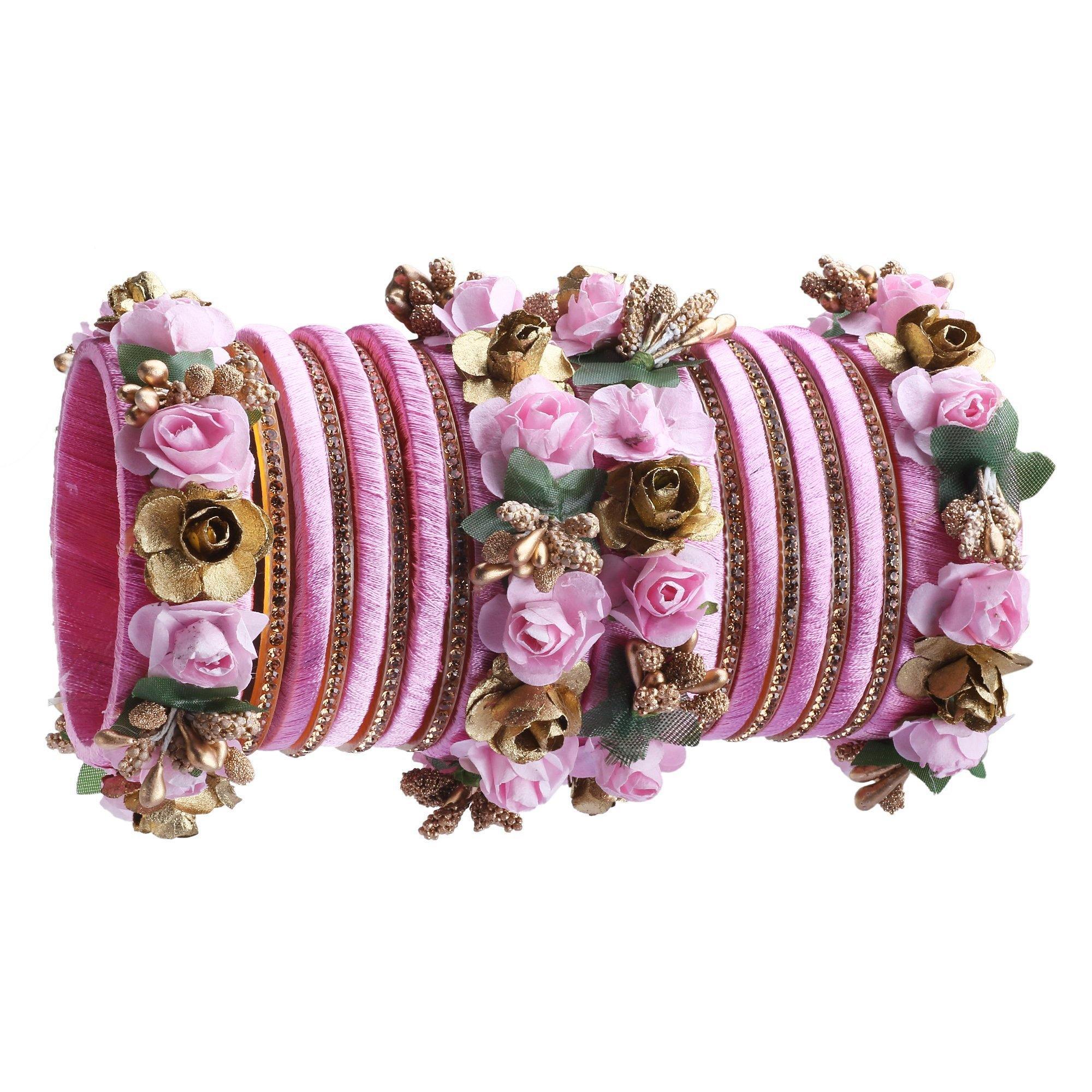 Sukriti Stylish Designer Party Wedding wear Flower Silk Thread BabyPink Bangles for Girls & Women – Set of 18
