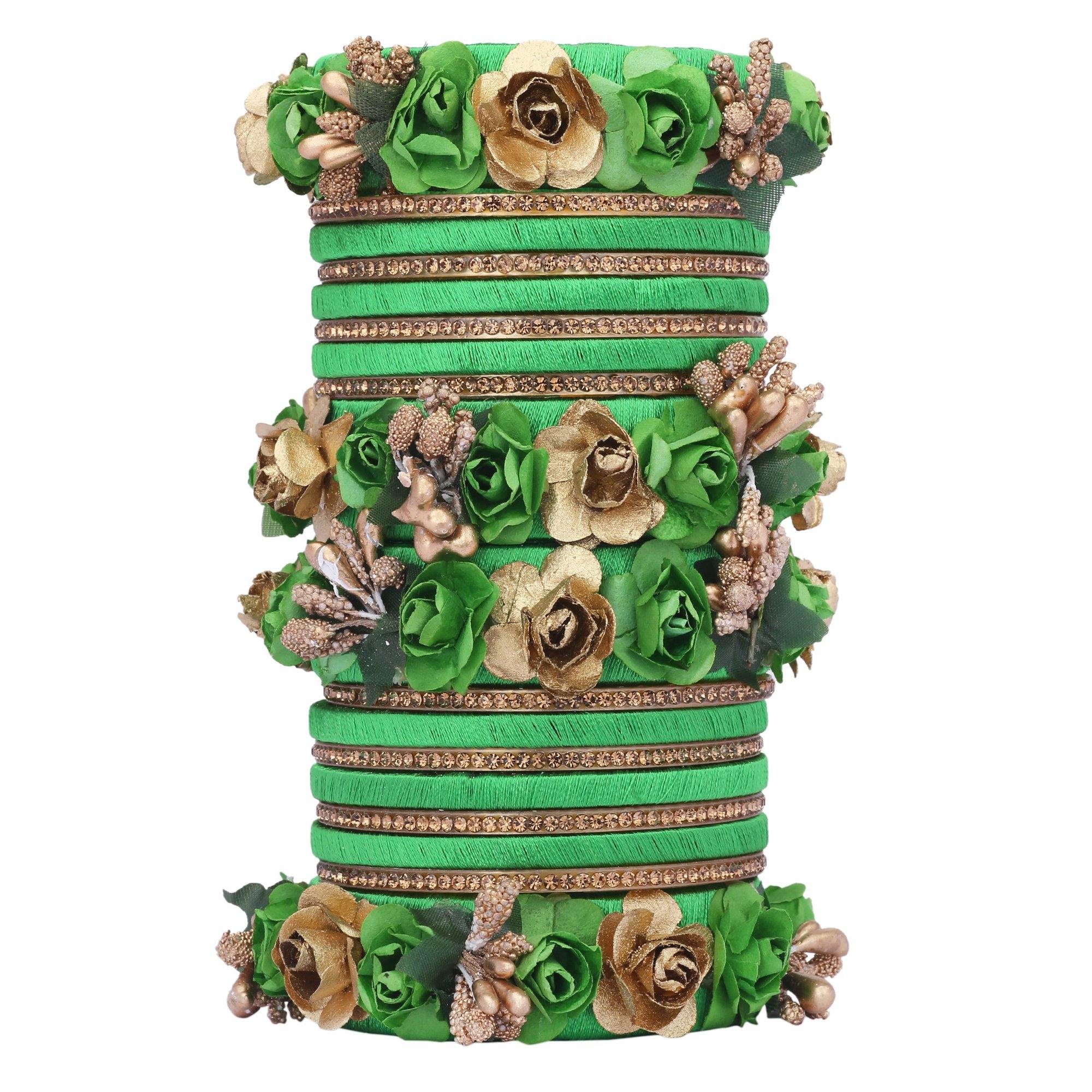 Sukriti Stylish Designer Party Wedding wear Flower Silk Thread Green Bangles for Girls & Women – Set of 18