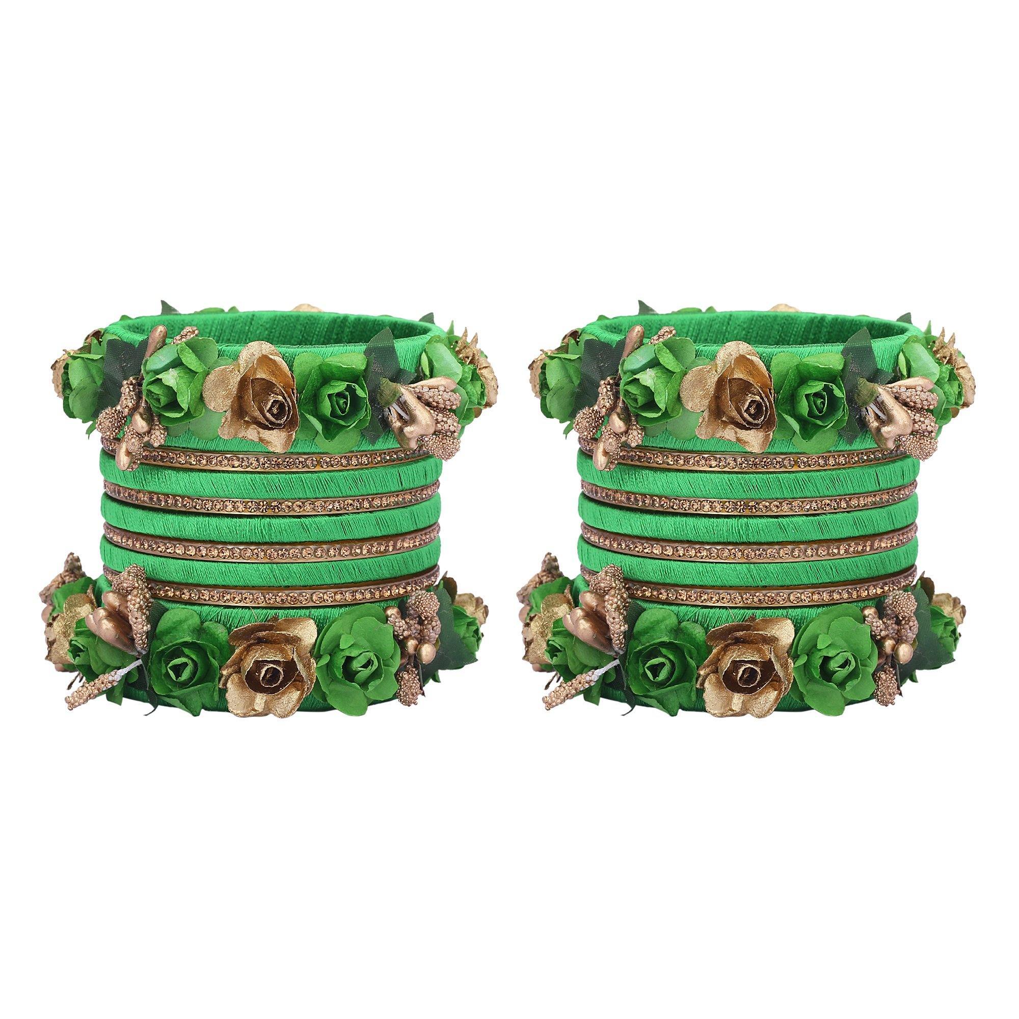 Sukriti Stylish Designer Party Wedding wear Flower Silk Thread Green Bangles for Girls & Women – Set of 18