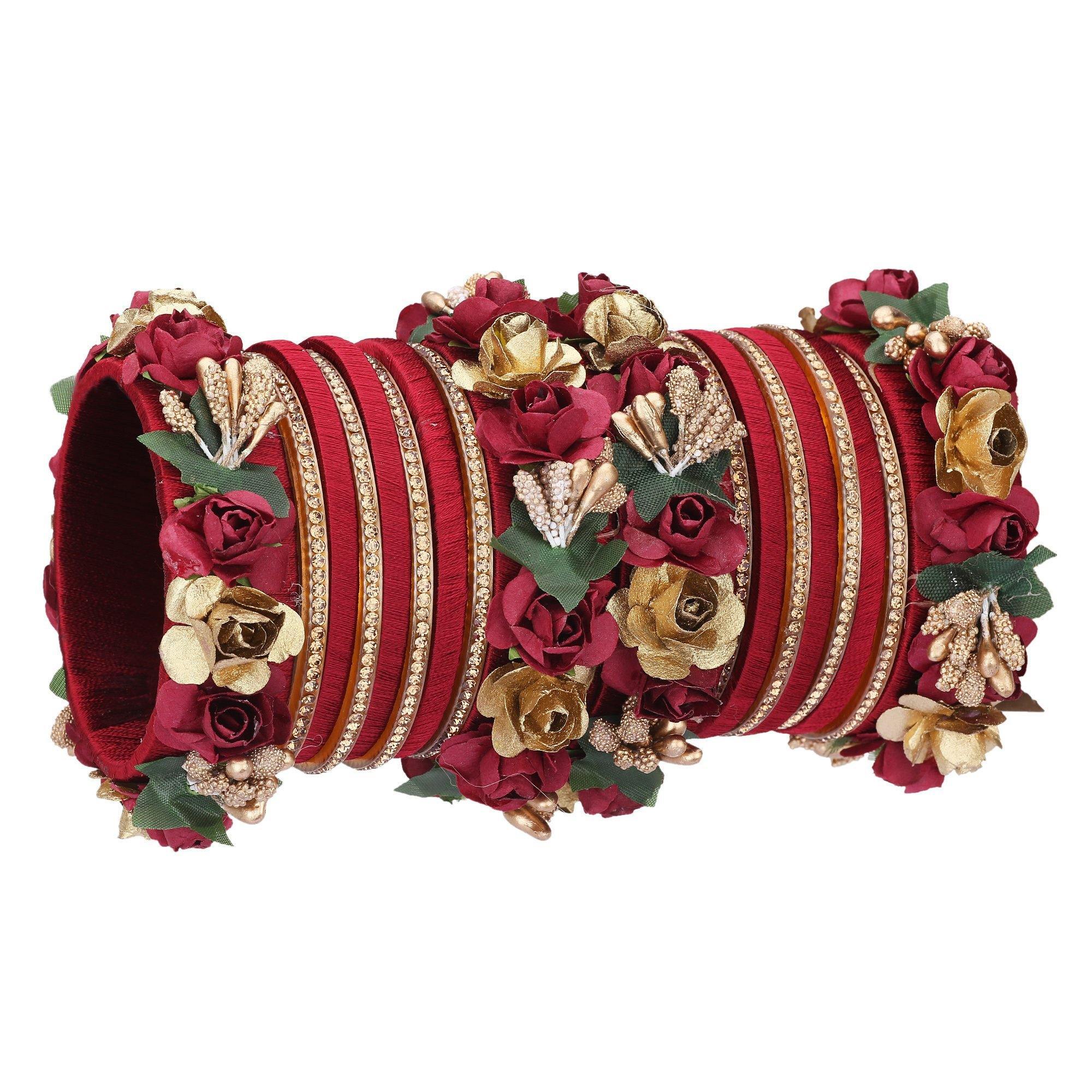 Sukriti Stylish Designer Party Wedding wear Flower Silk Thread Maroon Bangles for Girls & Women – Set of 18