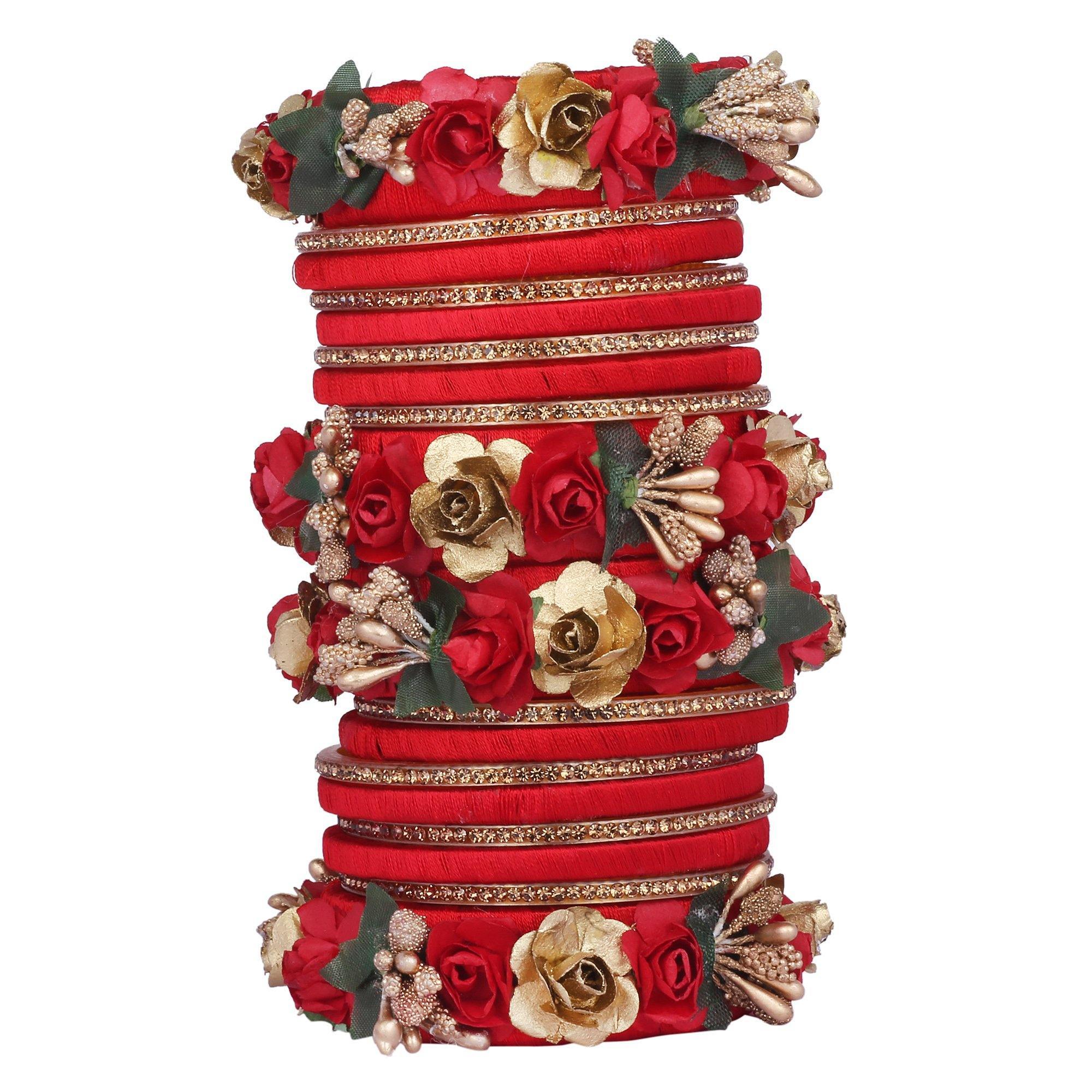 Sukriti Stylish Designer Party Wedding wear Flower Silk Thread Red Bangles for Girls & Women – Set of 18
