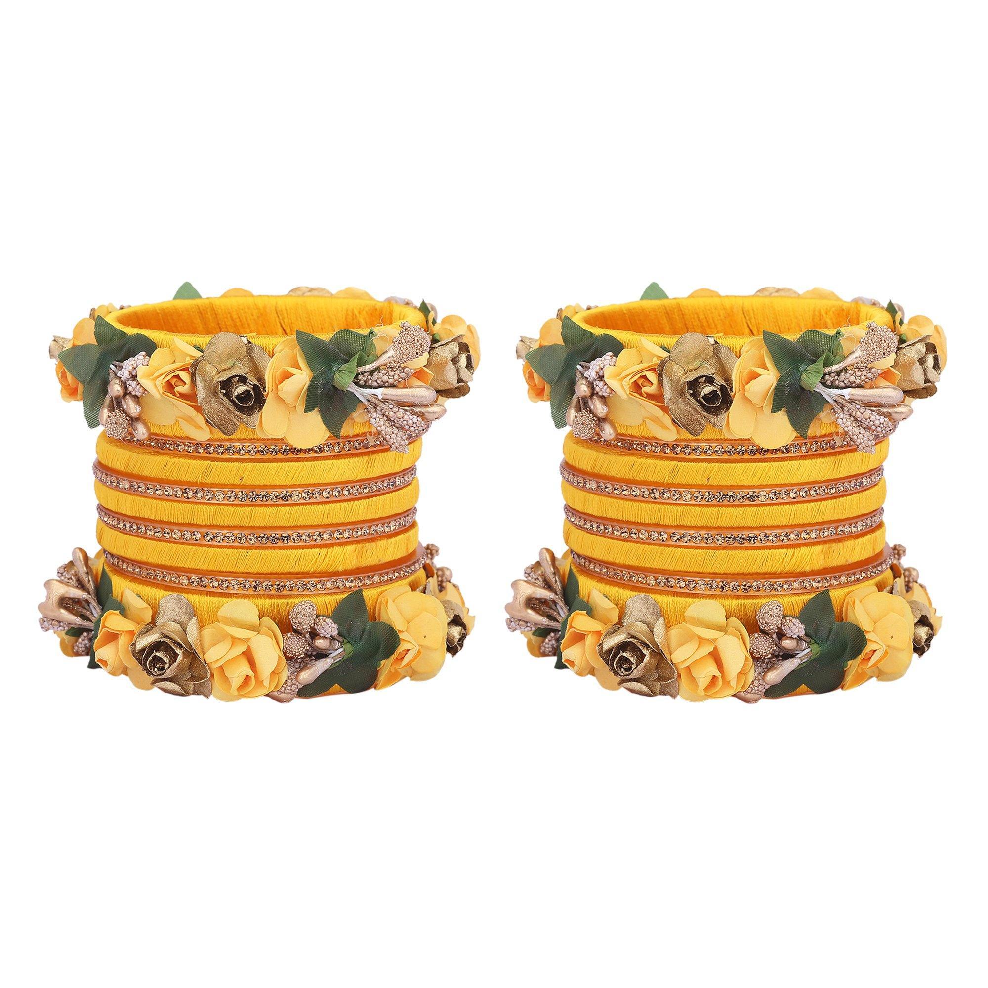 Sukriti Stylish Designer Party Wedding wear Flower Silk Thread Yellow Bangles for Girls & Women – Set of 18