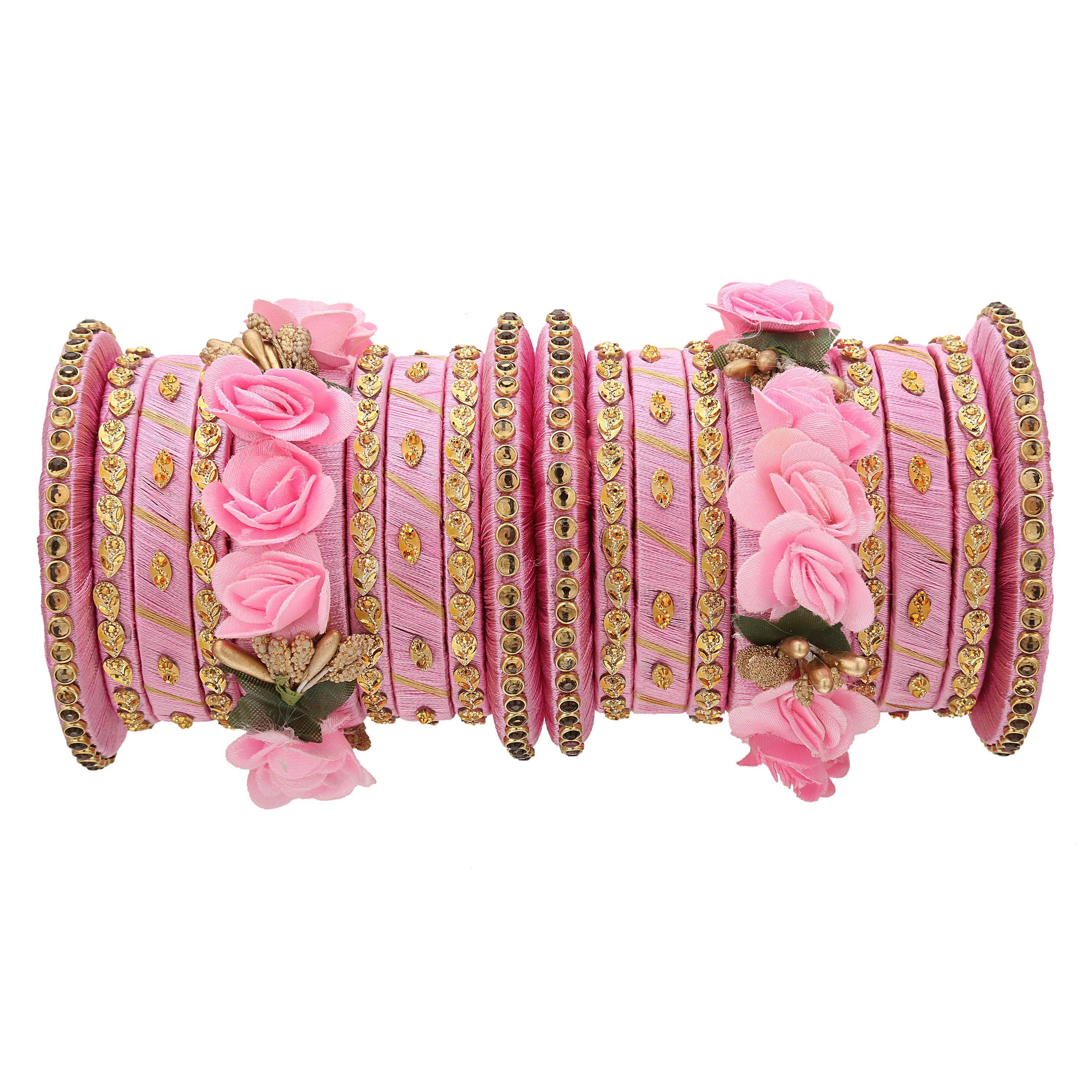 Sukriti Stylish Handmade Baby-Pink Flower Designer Silk thread Plastic Bridal Chuda Wedding Bangles for Women – Set of 18